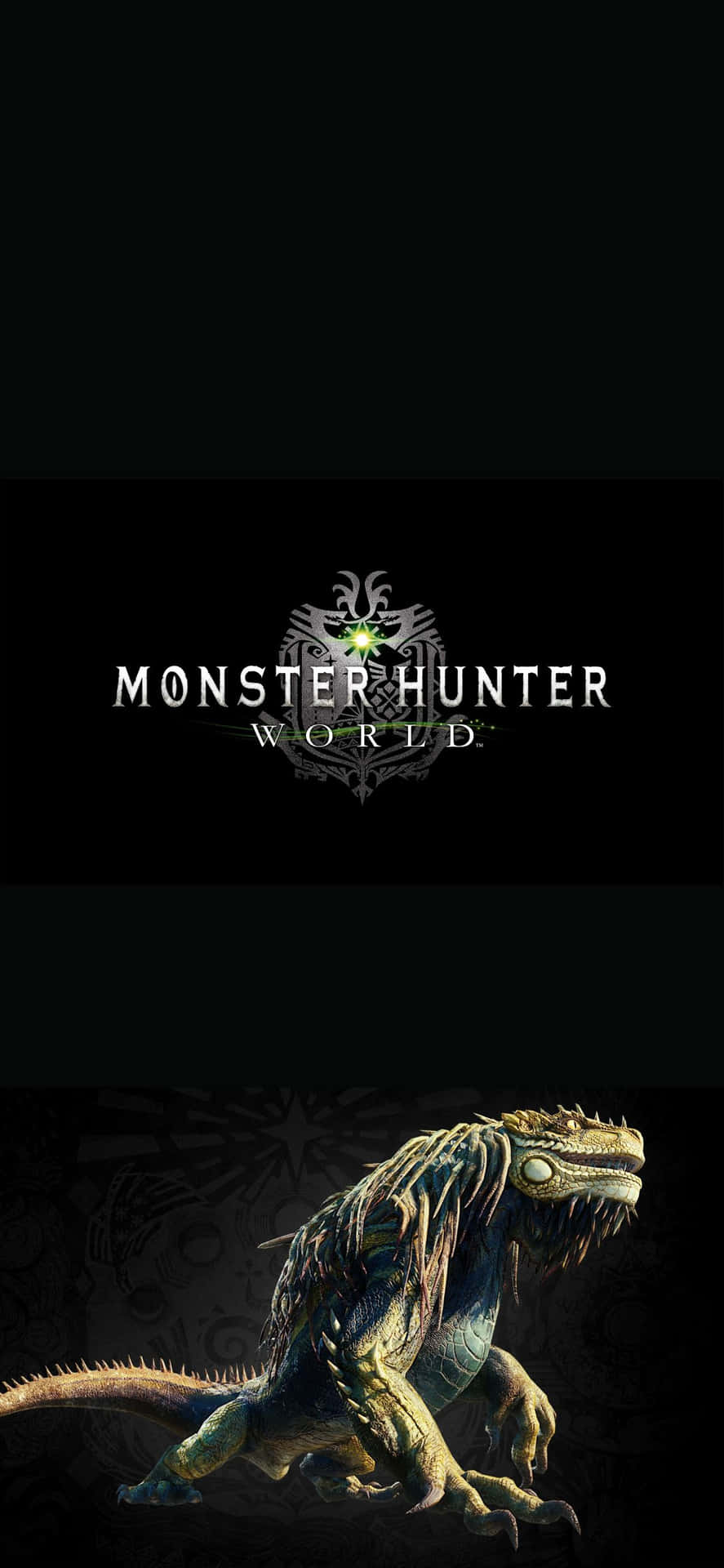 Monster Hunter World 標誌上方有一隻發光眼睛的爬蟲類怪物。