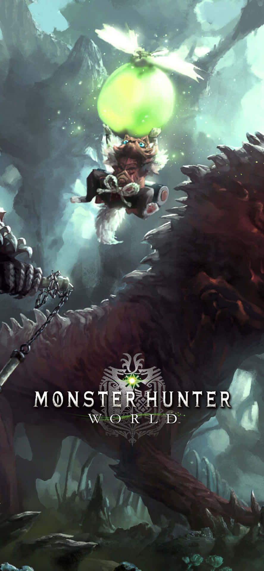 獵人在黑暗的洞穴遊戲場景中騎著發光的綠色魔物。