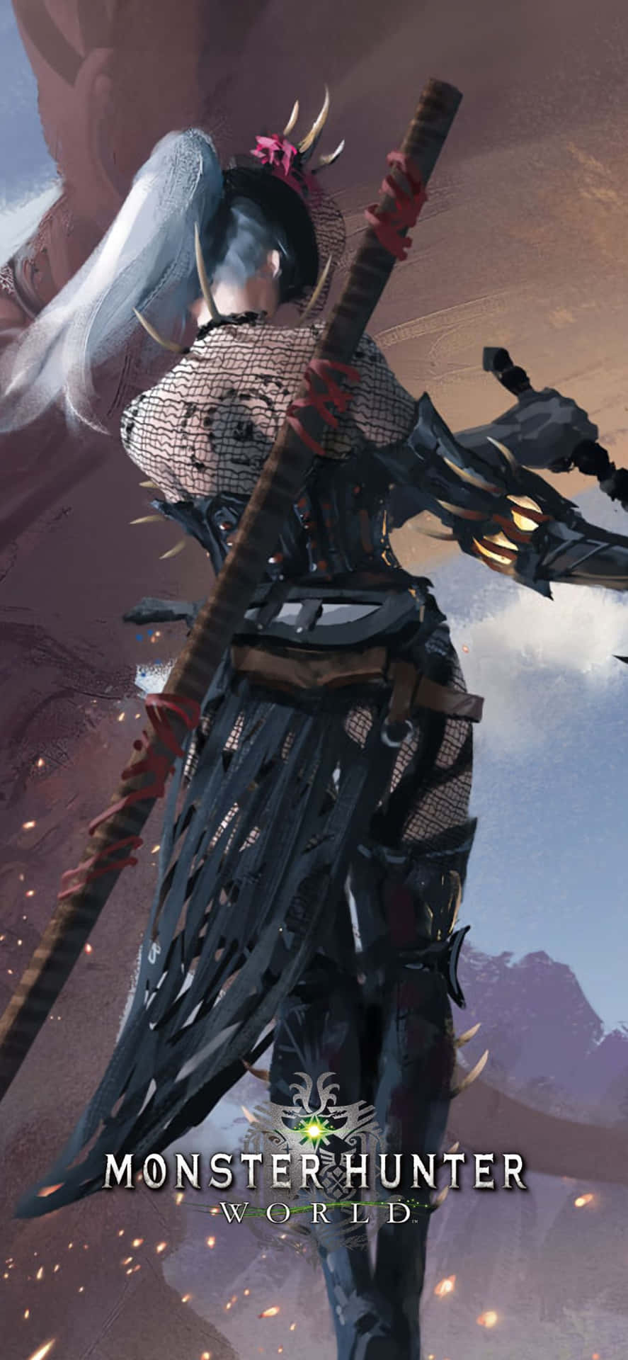 身穿暗色鎧甲的魔物獵人戰士，在山巒天空下手持大劍。