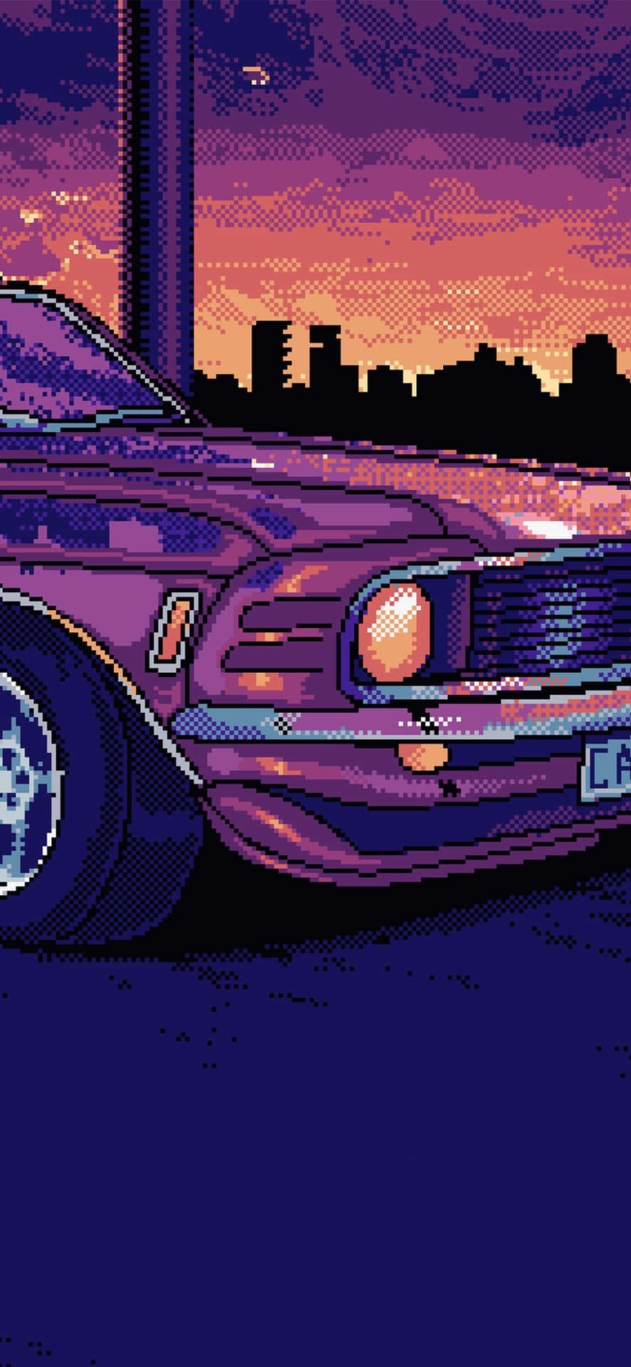 像素化復古車在紫色日落夜景下停放。