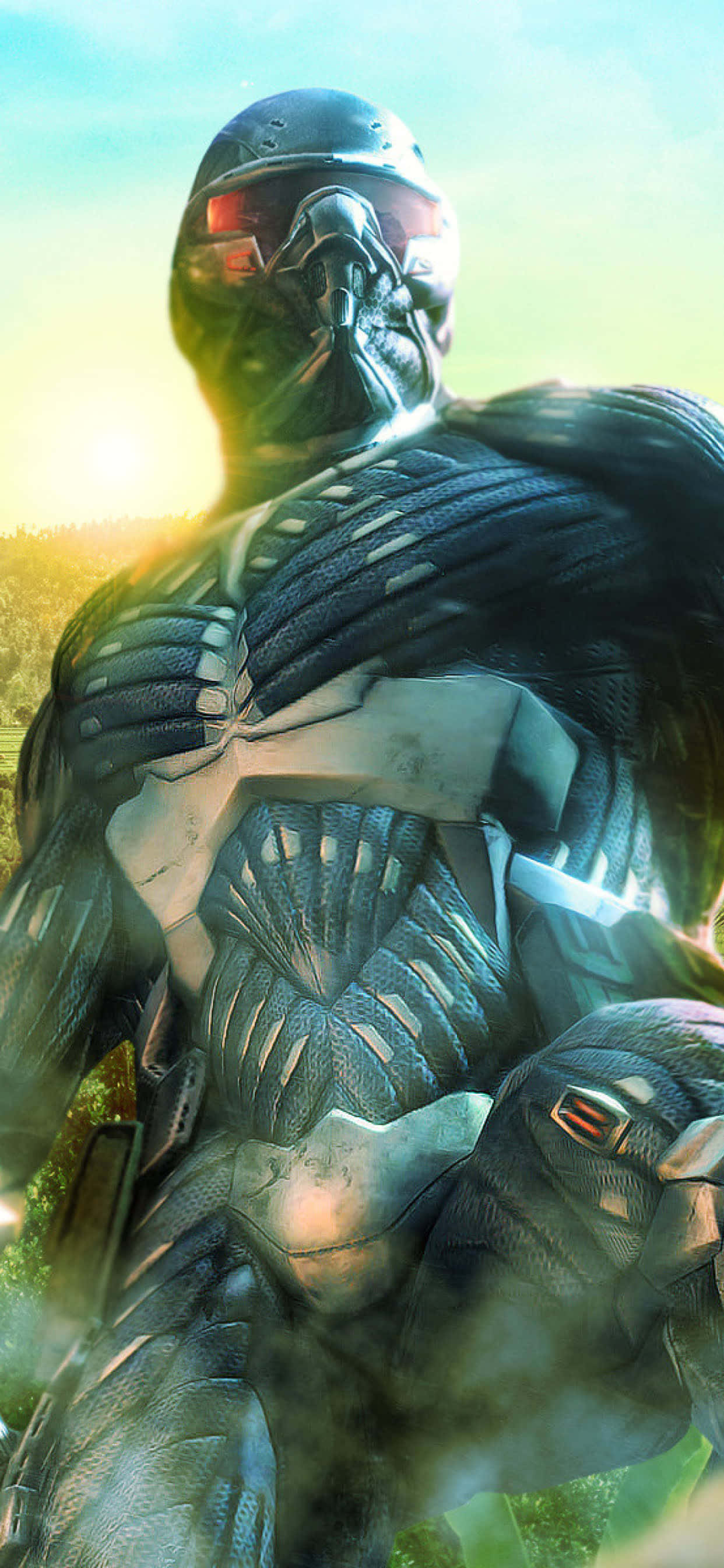 iPhone Xs Max 展示 Crysis Warhead 遊戲背景 壁紙 — 一個帶有發光紅眼的威脅性裝甲戰士站在陽光明媚的森林中，煙霧在他腳邊旋轉。
