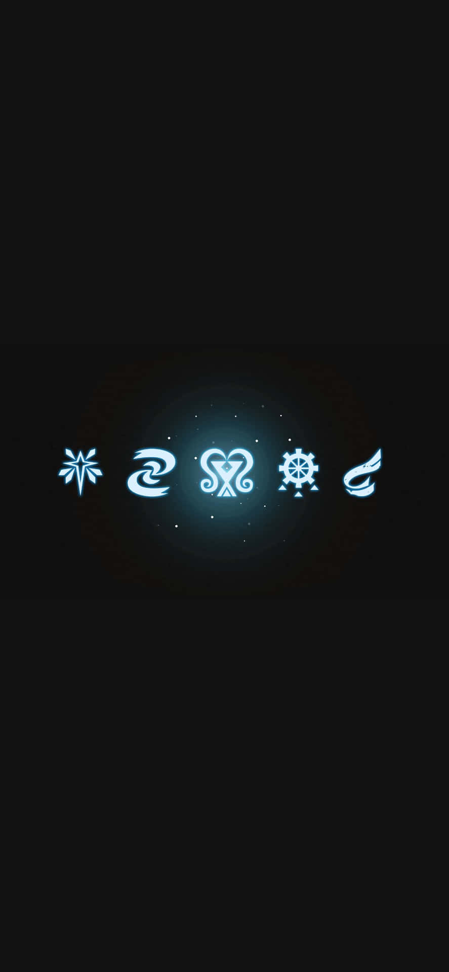 五個發光的藍色抽象符號在黑暗中漂浮