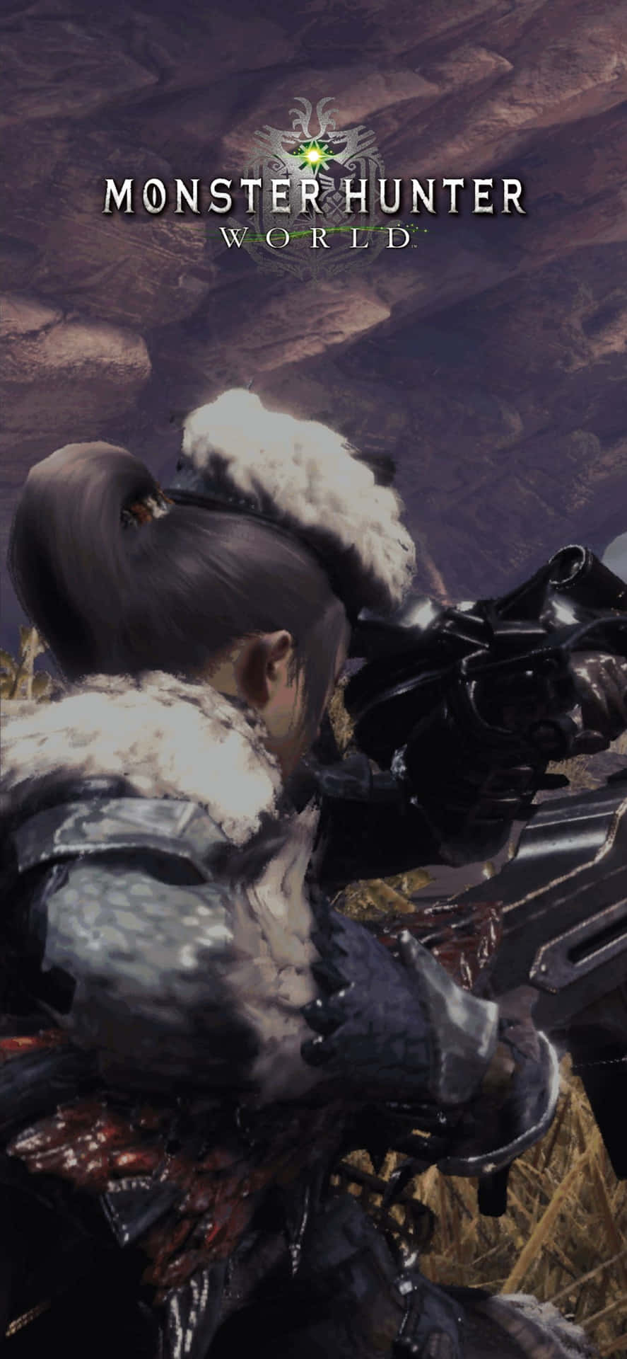 身穿毛皮盔甲的獵人在《Monster Hunter World》遊戲場景中瞄準武器。