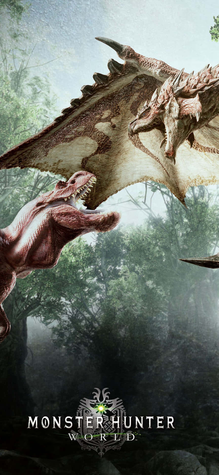 來自Monster Hunter World，一隻紅龍在霧氣瀰漫的森林中攻擊一隻恐龍。