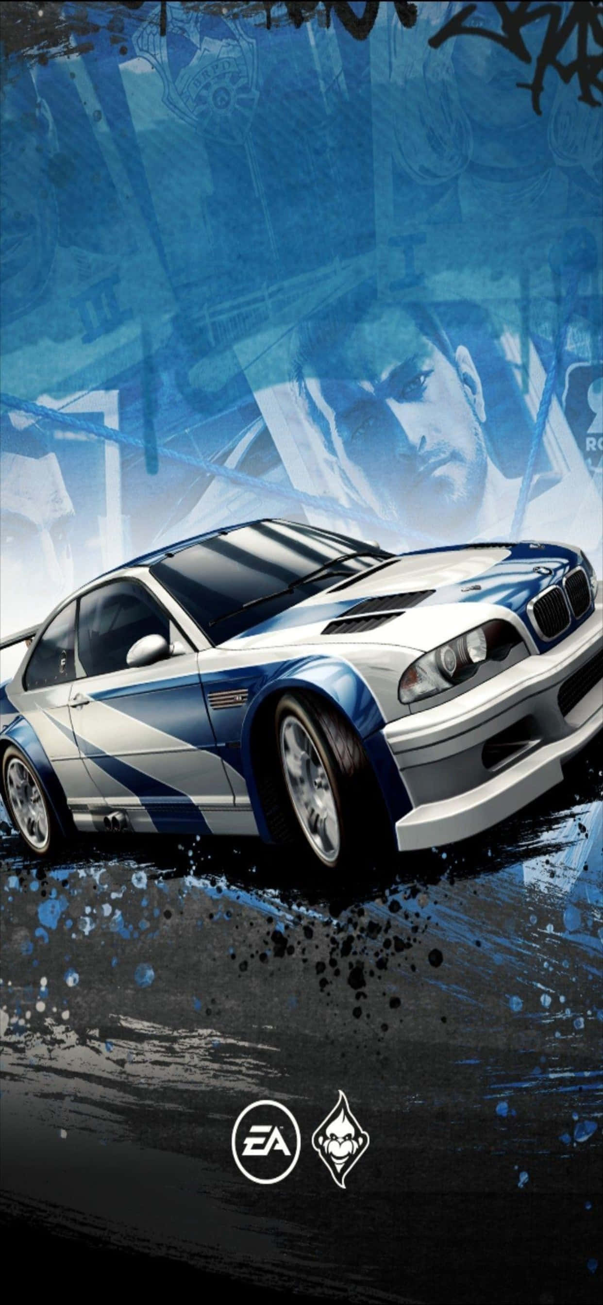 iPhone XS Max《極速快感：熱力》BMW M3疊加角色背景 壁紙 — 一架白色和藍色的BMW賽車在佈滿塗鴉的骯髒城市街道上疾馳，背景中司機的臉部模糊不清。