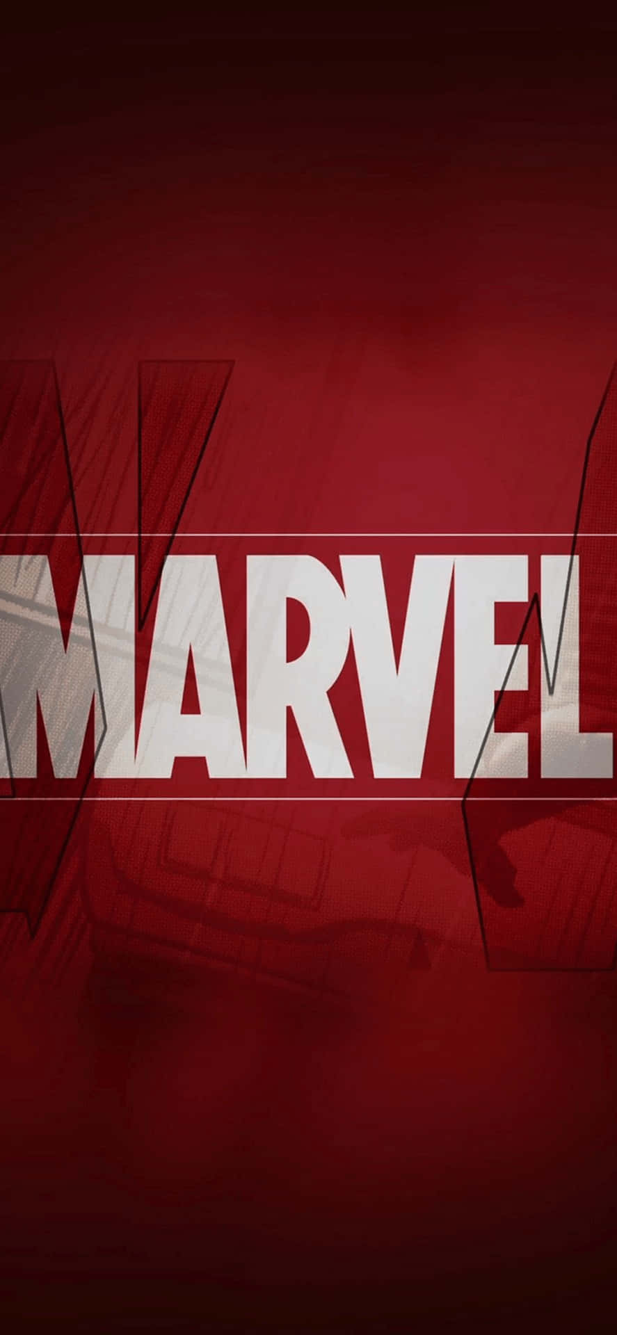 白色Marvel標誌在紅色漸變漫畫風格背景上