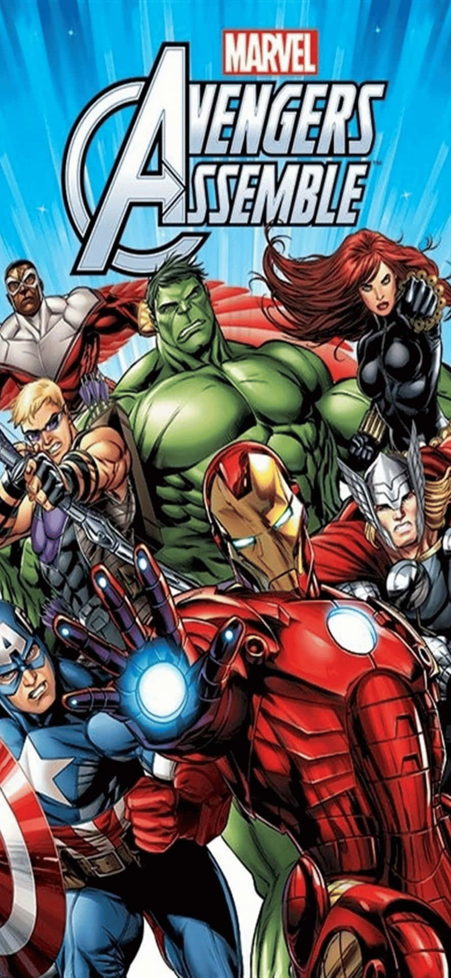 Marvel Avengers 團隊以漫畫風格動作姿勢，配以發光的斥力炮和盾牌。