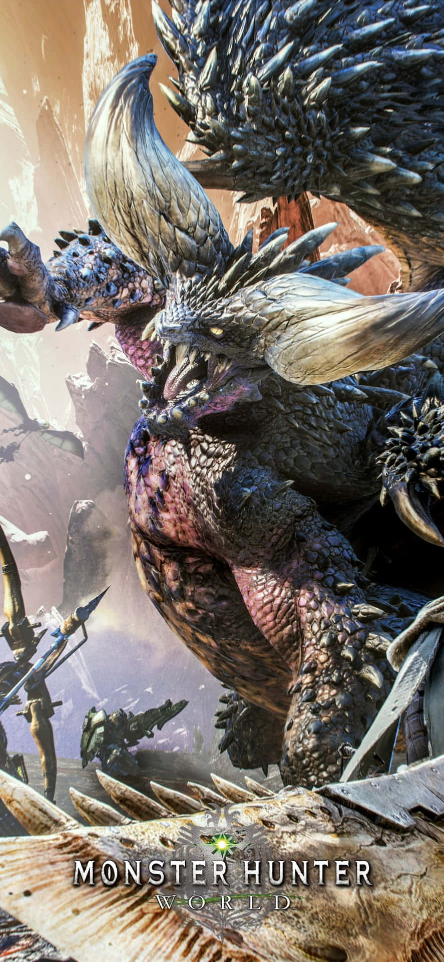 Monster Hunter 遊戲場景，岩石峽谷中有巨型怪物和獵人