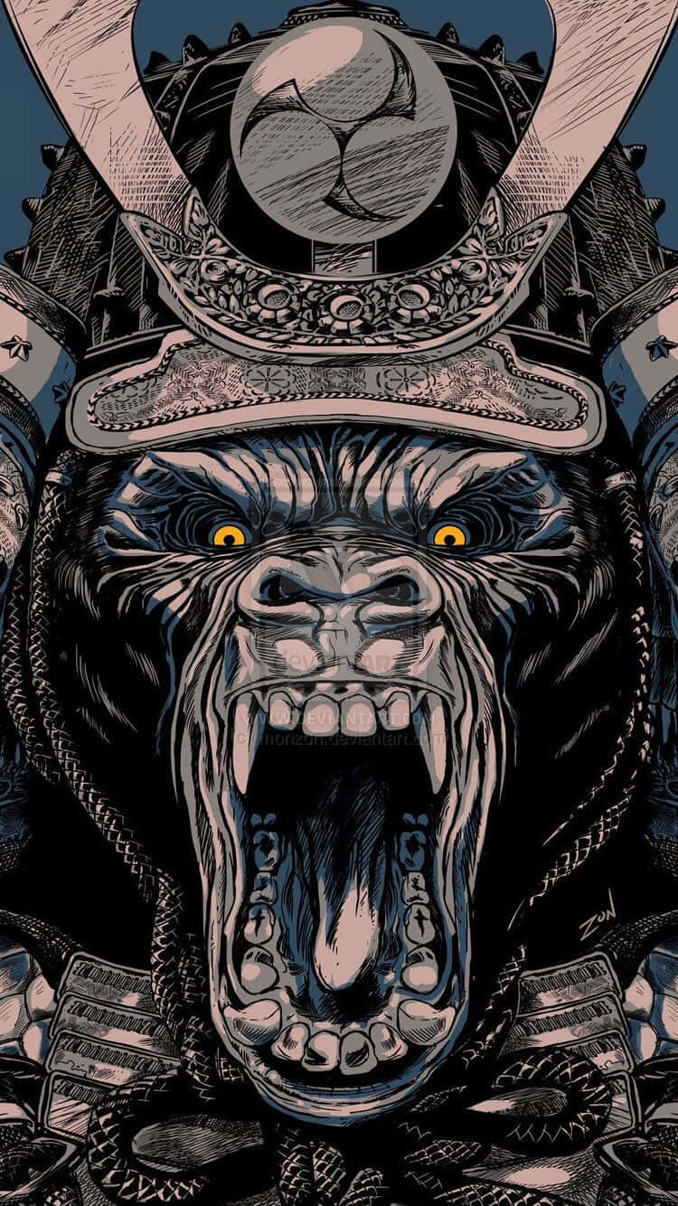 兇猛的大猩猩穿著武士盔甲，眼睛發光，正在咆哮。