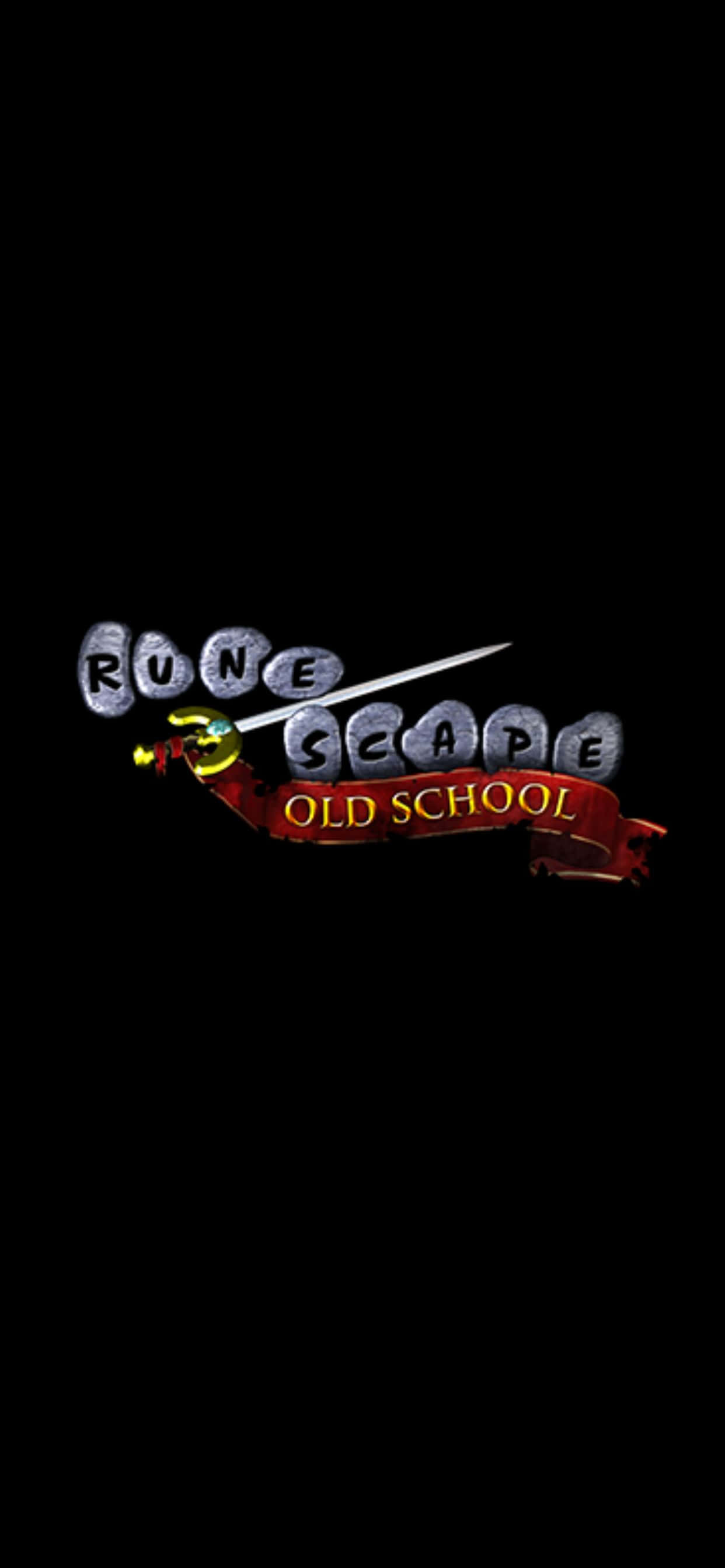 iPhone XS Max 《舊版傳奇跑跑》黑色背景 LOGO 壁紙 — RuneScape Old School 標誌在黑色背景上發光，一把劍刺穿石頭字母。