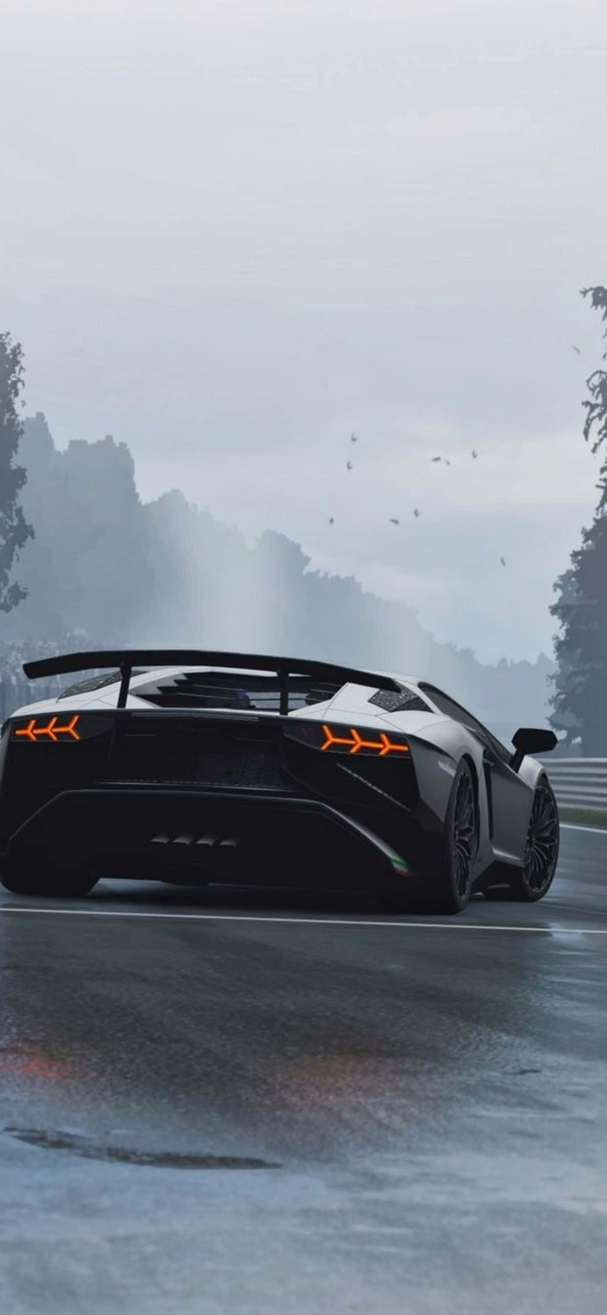 iPhone XS Max 蘭博基尼 Aventador 黑色後視背景 壁紙 — 一輛時尚的黑色跑車，帶有發光的橙色尾燈，在霧濛濛的灰色天空下，沿著潮濕的山路飛馳。