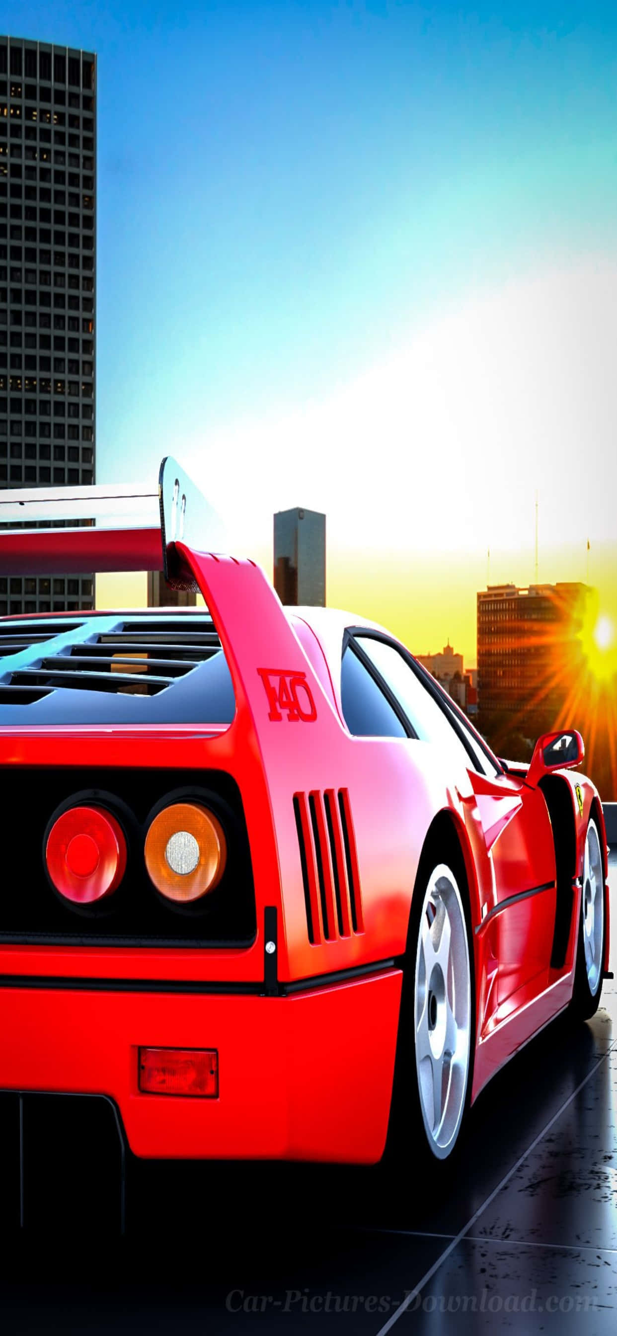 iPhone XS Max 賽車背景：紅色法拉利 F40 素描圖 壁紙 — 一輛鮮紅色的法拉利F40跑車在日落時分濕漉漉的城市街道上閃閃發光，背景是高樓大廈。