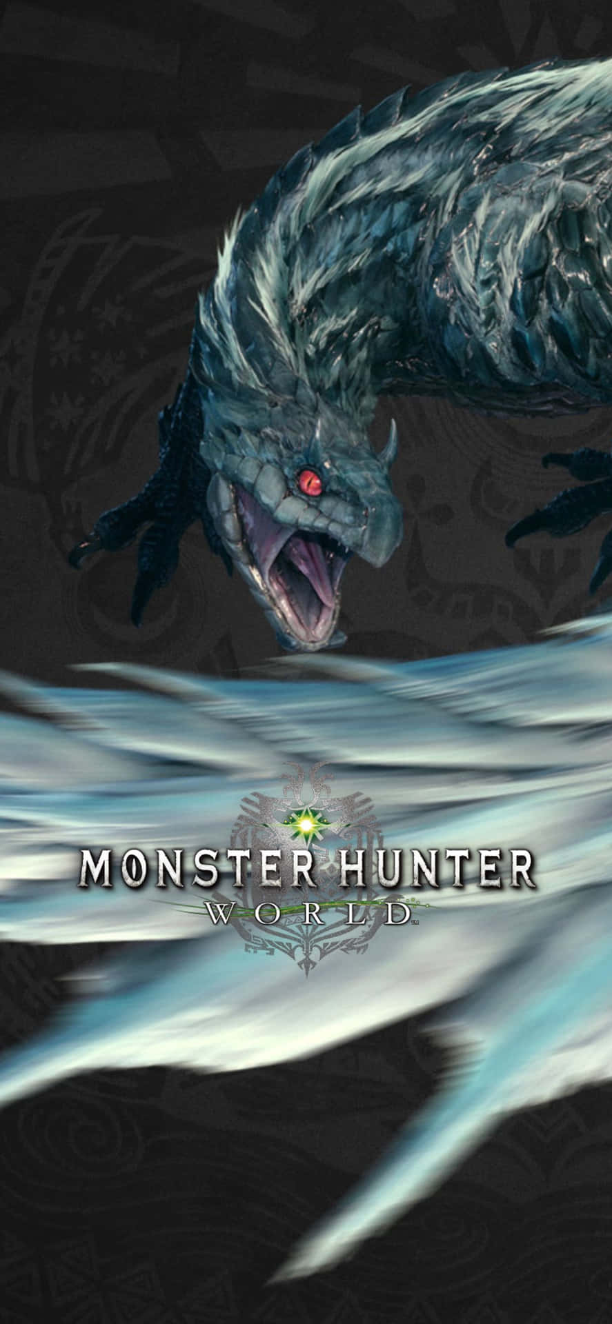 在《魔物獵人 世界》中，一隻紅眼藍龍在冰翼之上咆哮。