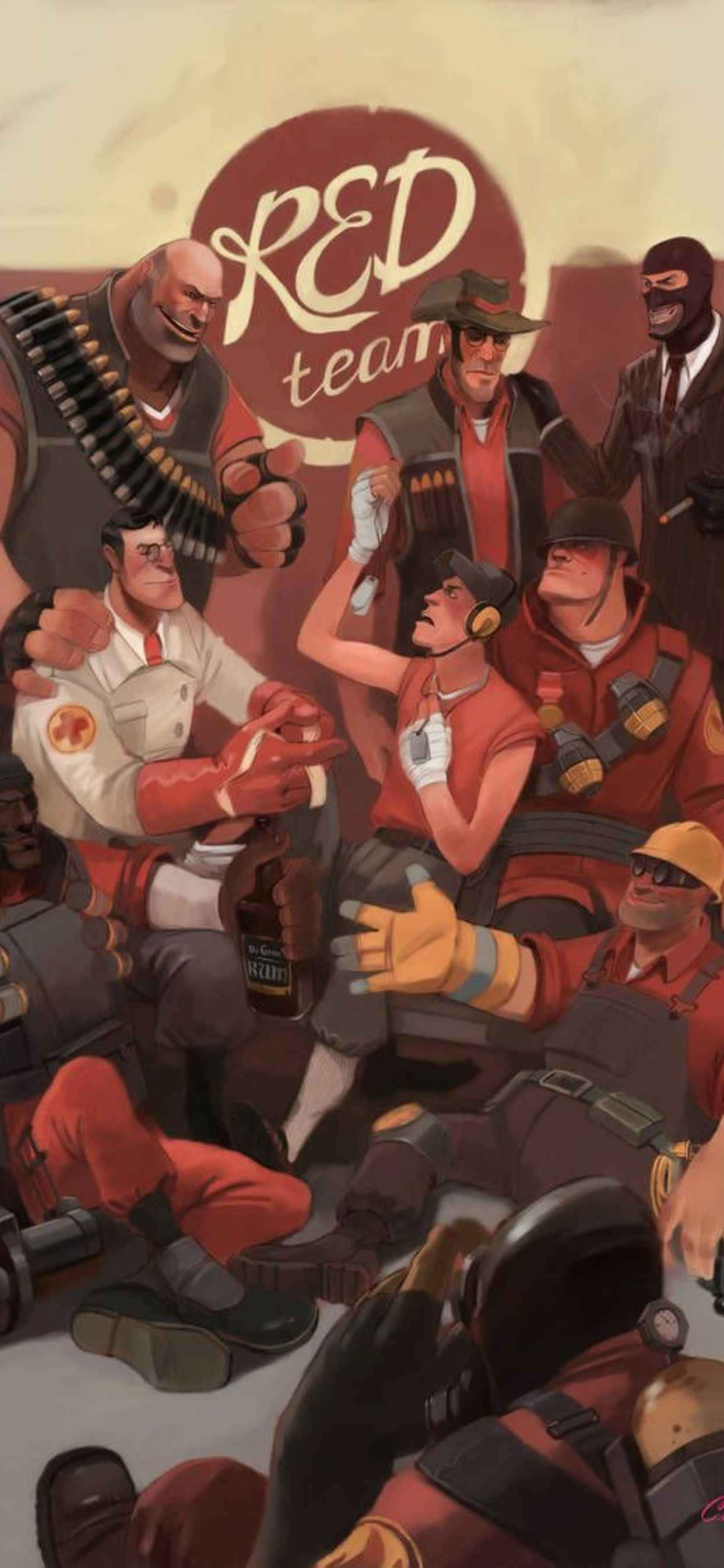 紅隊角色iPhone Xs Max《Team Fortress 2》背景 壁紙 — 一群多樣化的動畫角色穿著紅色團隊裝備，圍著一個啤酒瓶，享受輕鬆友好的時刻。