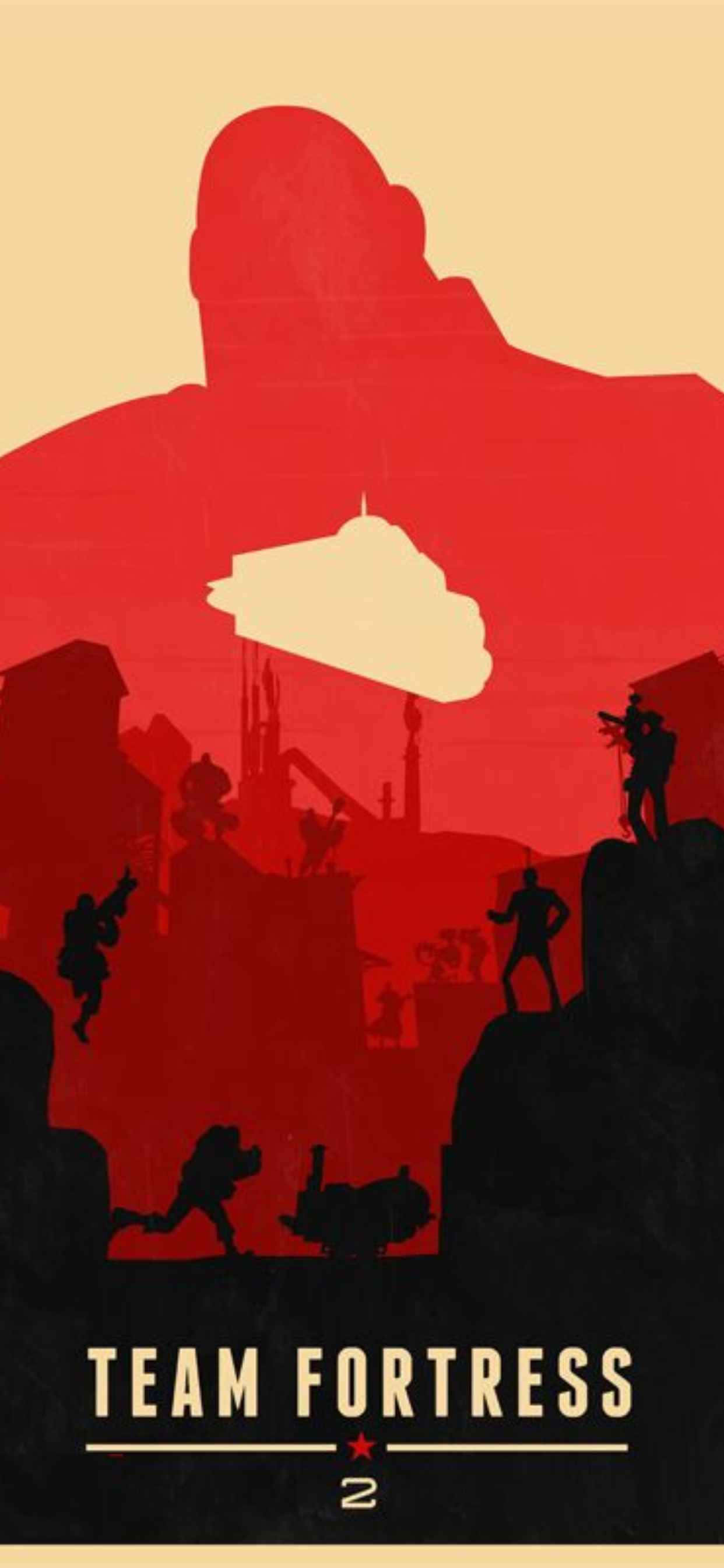橫額設計 iPhone Xs Max《Team Fortress 2》背景 壁紙 — 剪影士兵在一個巨大的紅色身影下，在溫暖的日落天空背景下戰鬥，這是一張風格化的 Team Fortress 2 海報。
