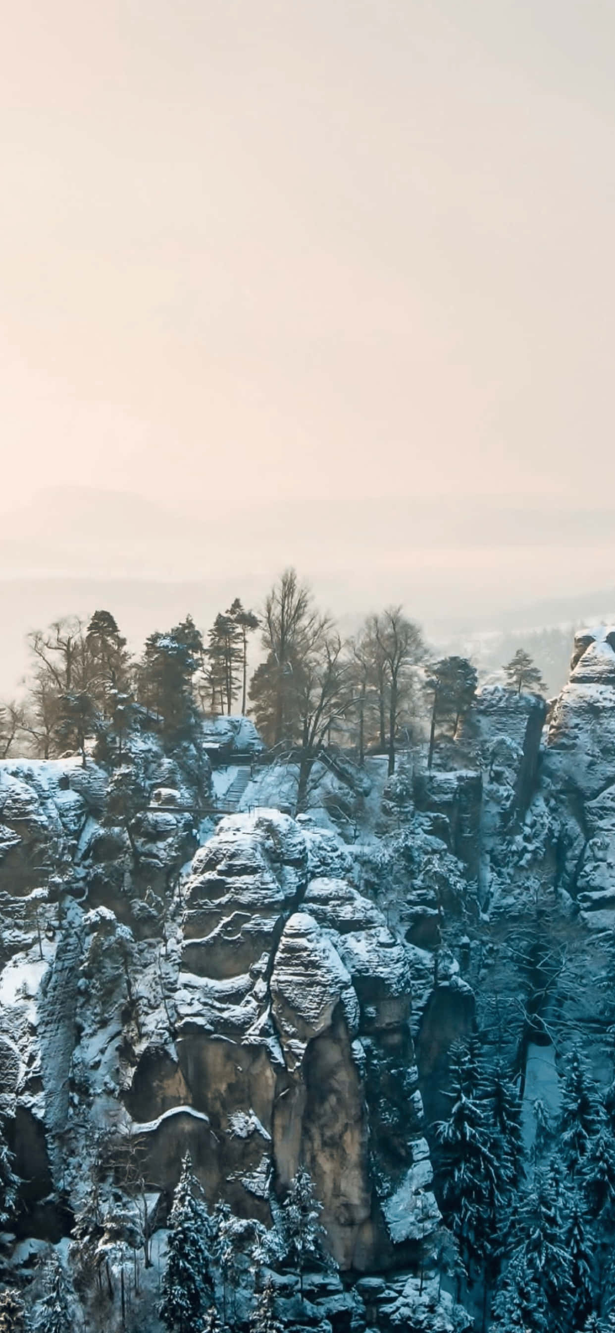 iPhone XS Max冬季背景：陡峭覆雪山 壁紙 — 白雪覆蓋著崎嶇的岩石形態和常綠樹木，在柔和朦朧的天空下，呈現寧靜的冬季景觀。