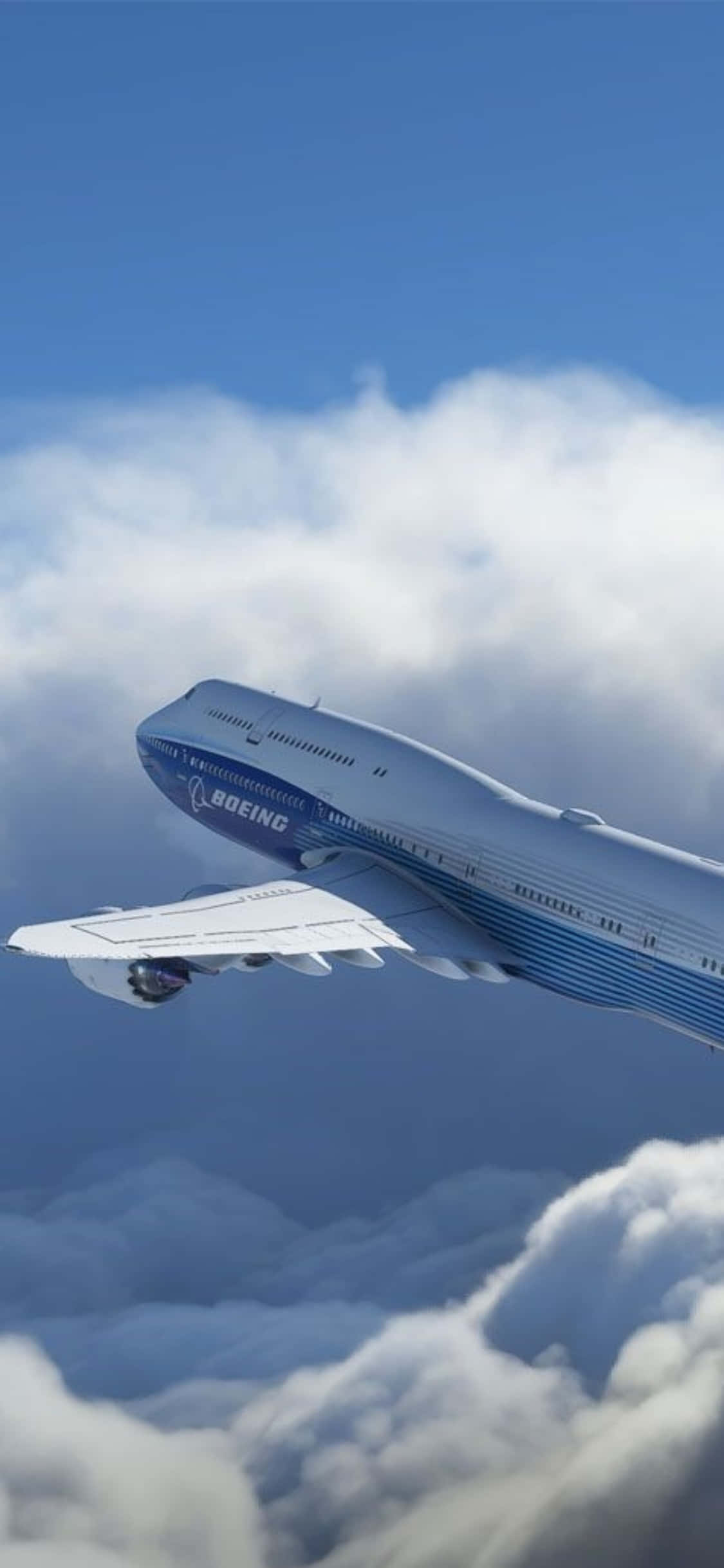 用 iPhone XS 和 Microsoft Flight Simulator 虛擬翱翔天際 壁紙 — 一架波音747在清澈的藍天下翱翔於蓬鬆的白雲之上。