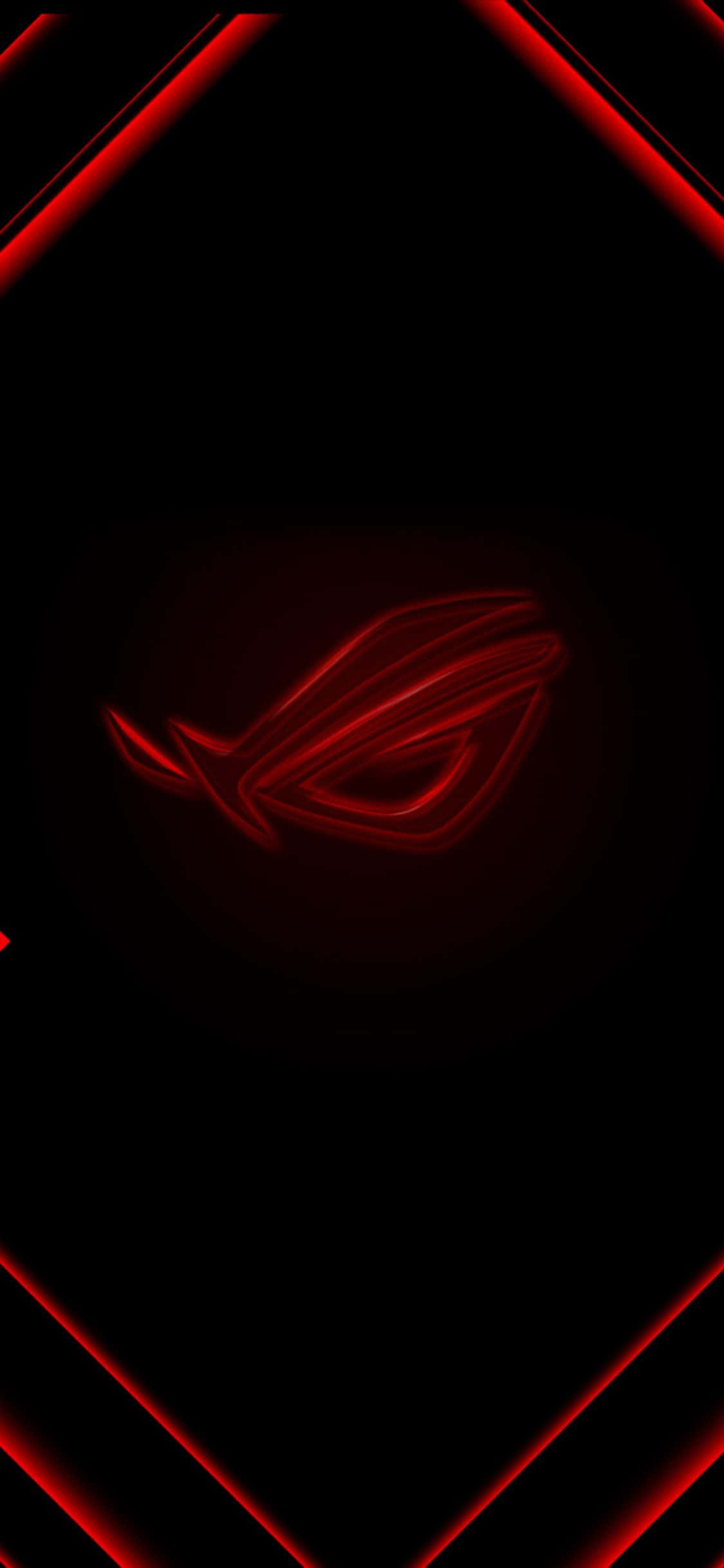 iPhone XS 遊戲背景：紅黑配色 壁紙 — 發光紅色 ROG 標誌居中於黑色背景上，帶有棱角分明的紅色光線條紋框住邊緣。