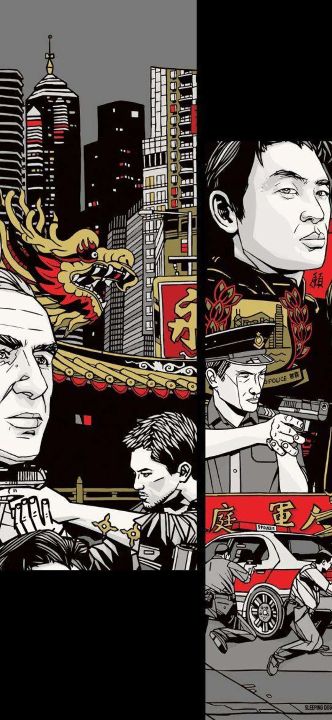 iPhone XS《Sleeping Dogs》拼貼藝術合集背景 壁紙 — 分格漫畫藝術描繪城市警察行動，以龍為主題，背景為城市摩天大樓和傳統標誌。