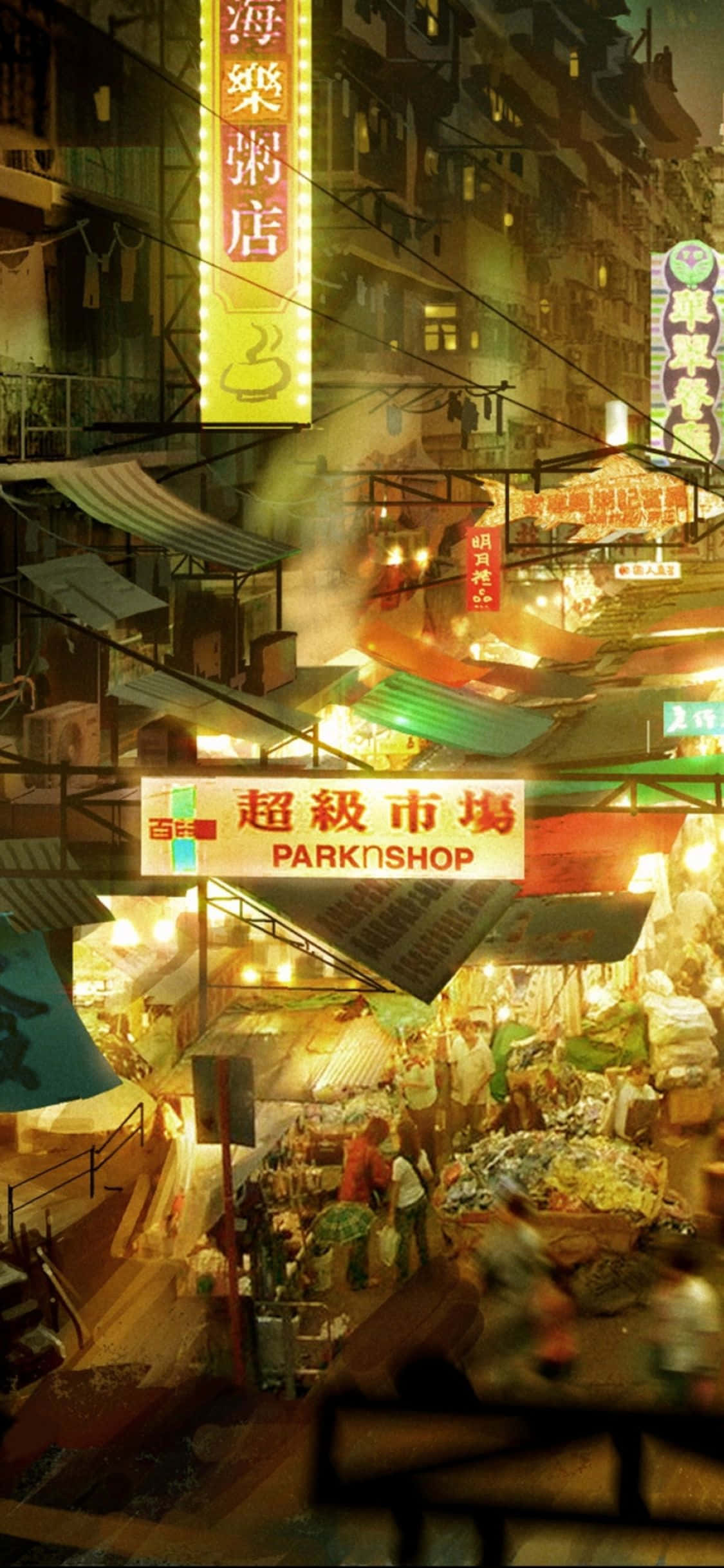 iPhone XS《Sleeping Dogs》夜市背景 壁紙 — 繁華的霓虹燈夜市，在密集的城市小巷中，有發光的招牌和模糊的購物者。