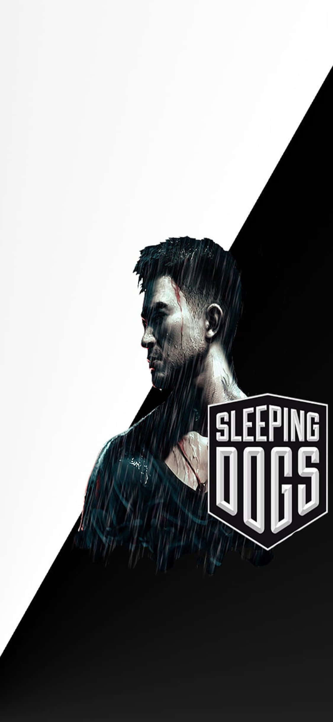 iPhone XS《Sleeping Dogs》終極版標誌背景 壁紙 — 一個帶有疤痕、被雨淋濕的男人的粗糙側面輪廓，被對角線黑白背景分割，帶有「Sleeping Dogs」標誌。