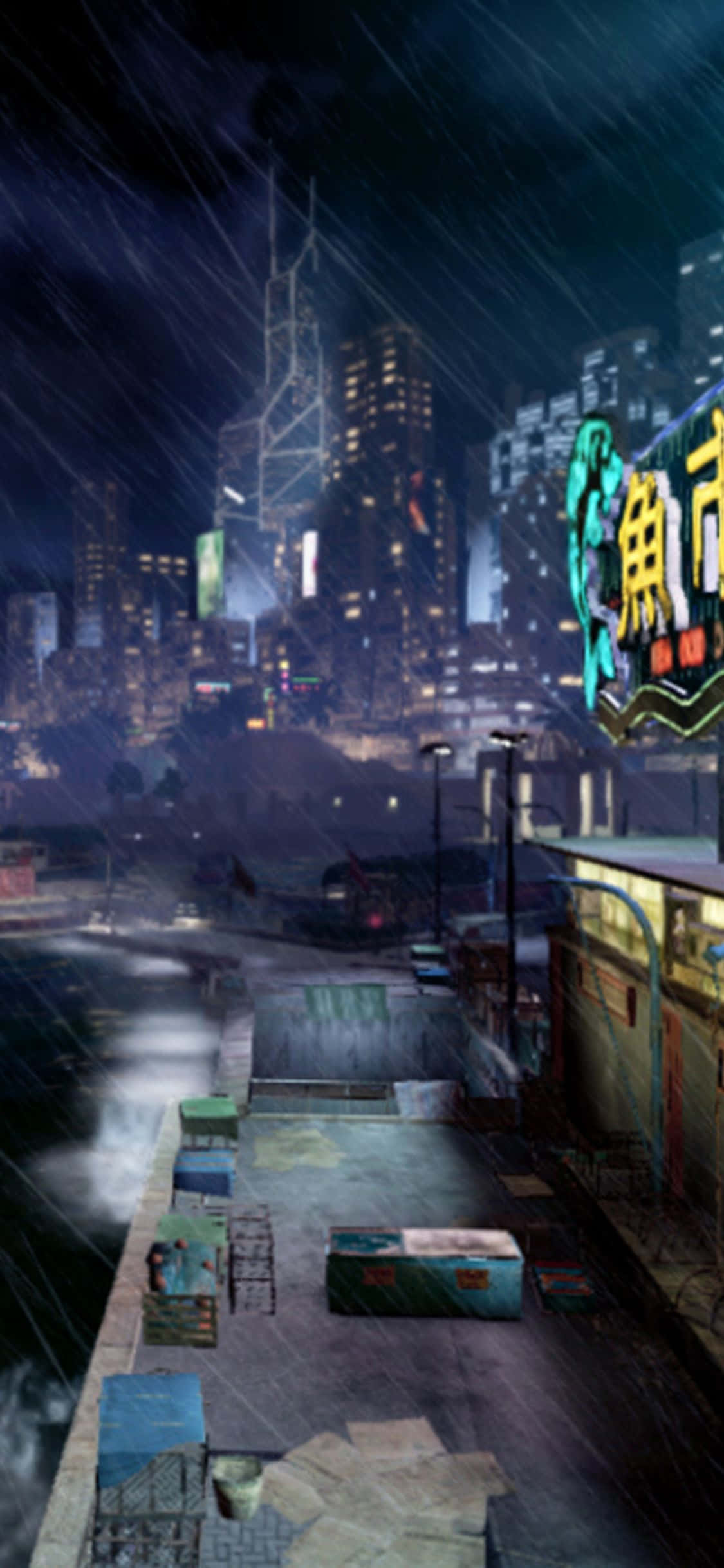 iPhone XS《Sleeping Dogs》E3碼頭背景 壁紙 — 雨水傾瀉在夜晚霓虹燈照亮的城市海濱，閃爍的招牌和濕漉漉的路面反射著城市的燈光。
