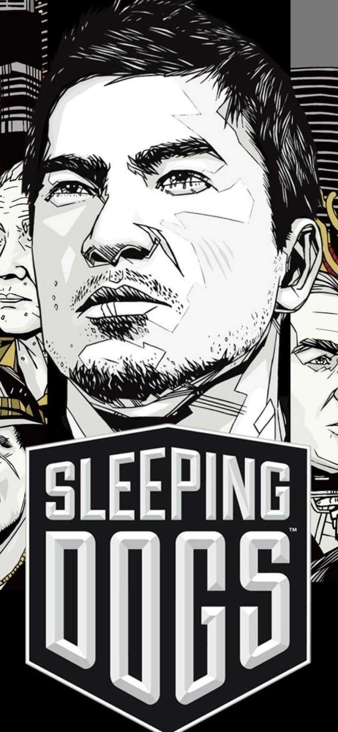 iPhone XS《Sleeping Dogs》官方盒裝藝術背景 壁紙 — 一個風格化的黑白漫畫插圖，描繪一個眼神銳利、留鬍子的男人，周圍環繞著其他面孔和「Sleeping Dogs」標誌。