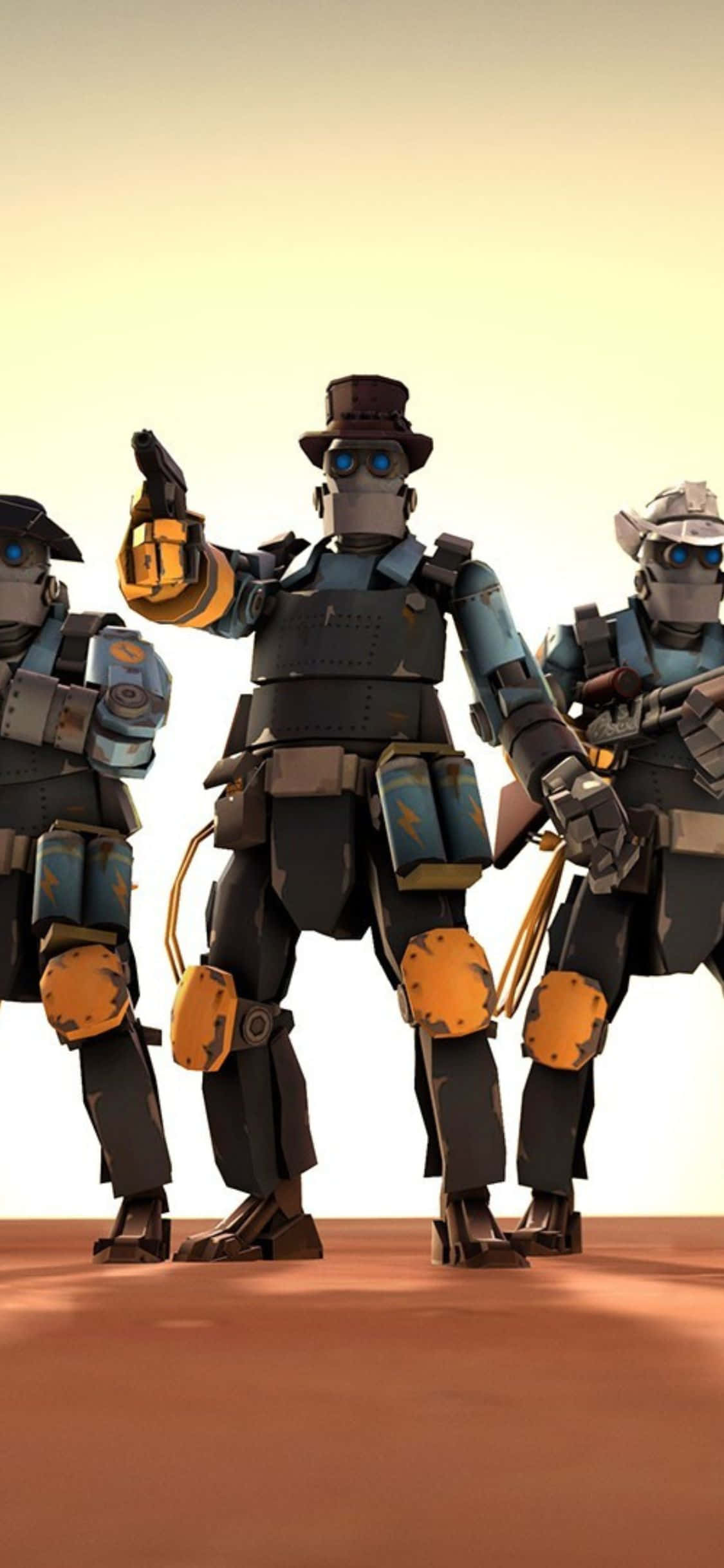 iPhone XS Team Fortress 2 牛仔機器人背景 壁紙 — 三個風格化的機械士兵，身穿藍色和橙色裝甲，站在溫暖天空下的沙漠景觀中。