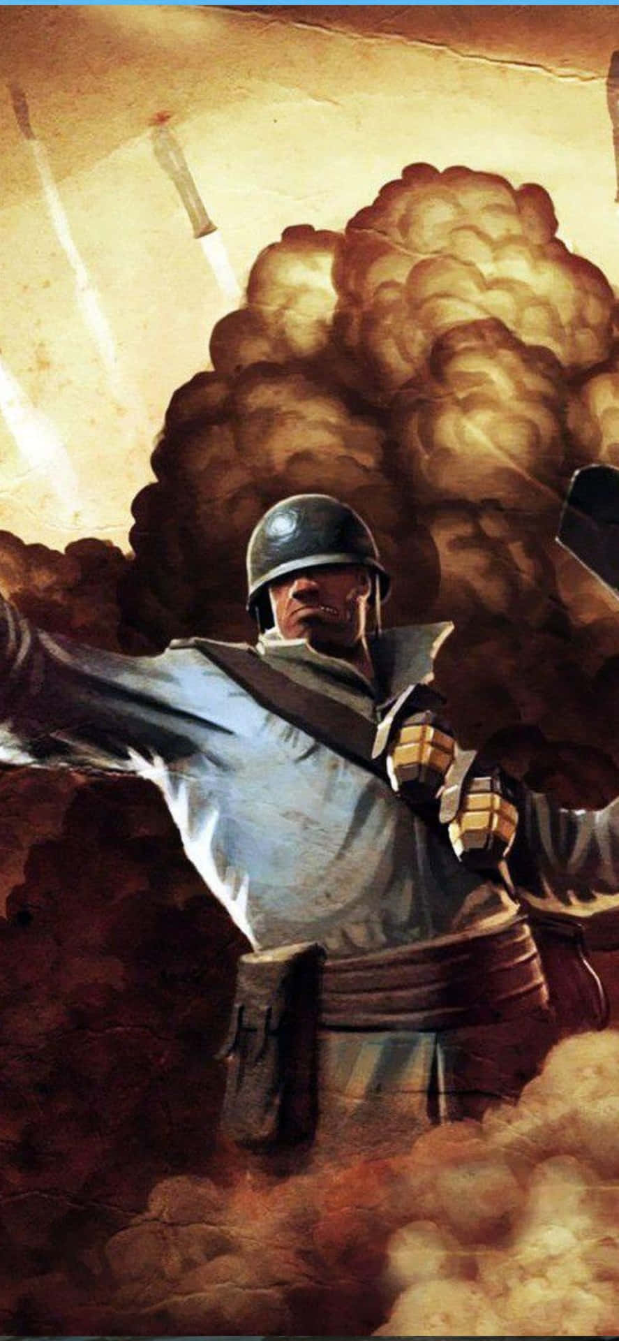 戴頭盔的士兵在煙霧和火焰中作戰。