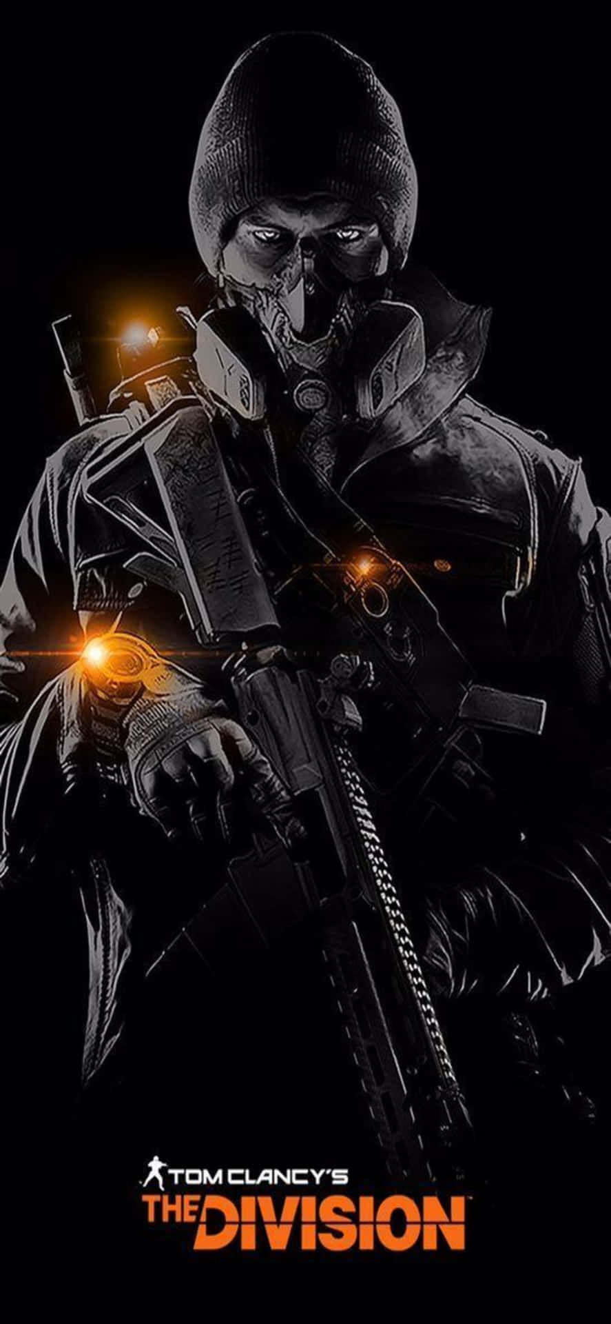 一名戴面具的士兵身穿深色戰術裝備，手持發光步槍。