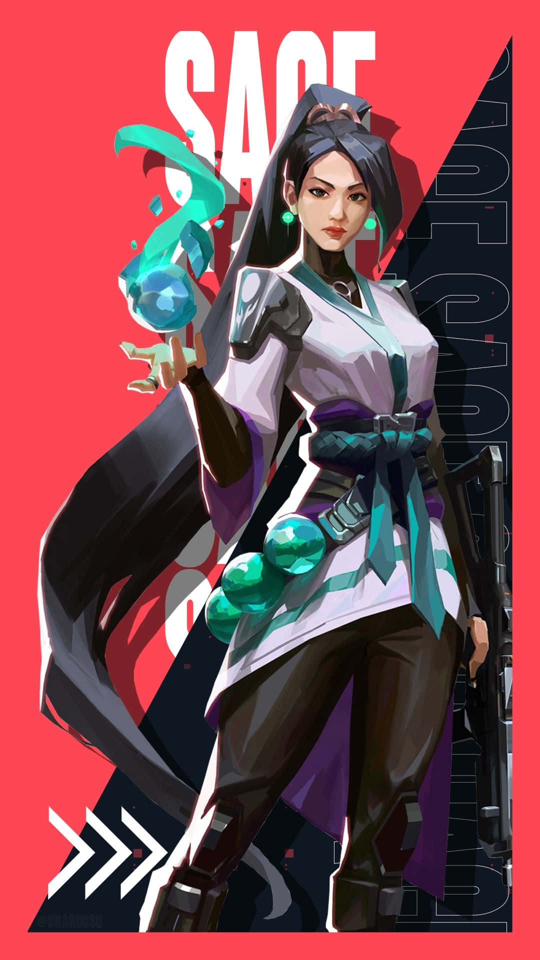 iPhone XS《Valorant》角色Sage美麗背景 壁紙 — 一個風格化的動漫角色，深色頭髮和青綠色配飾，在鮮紅色的背景下手持發光球體。