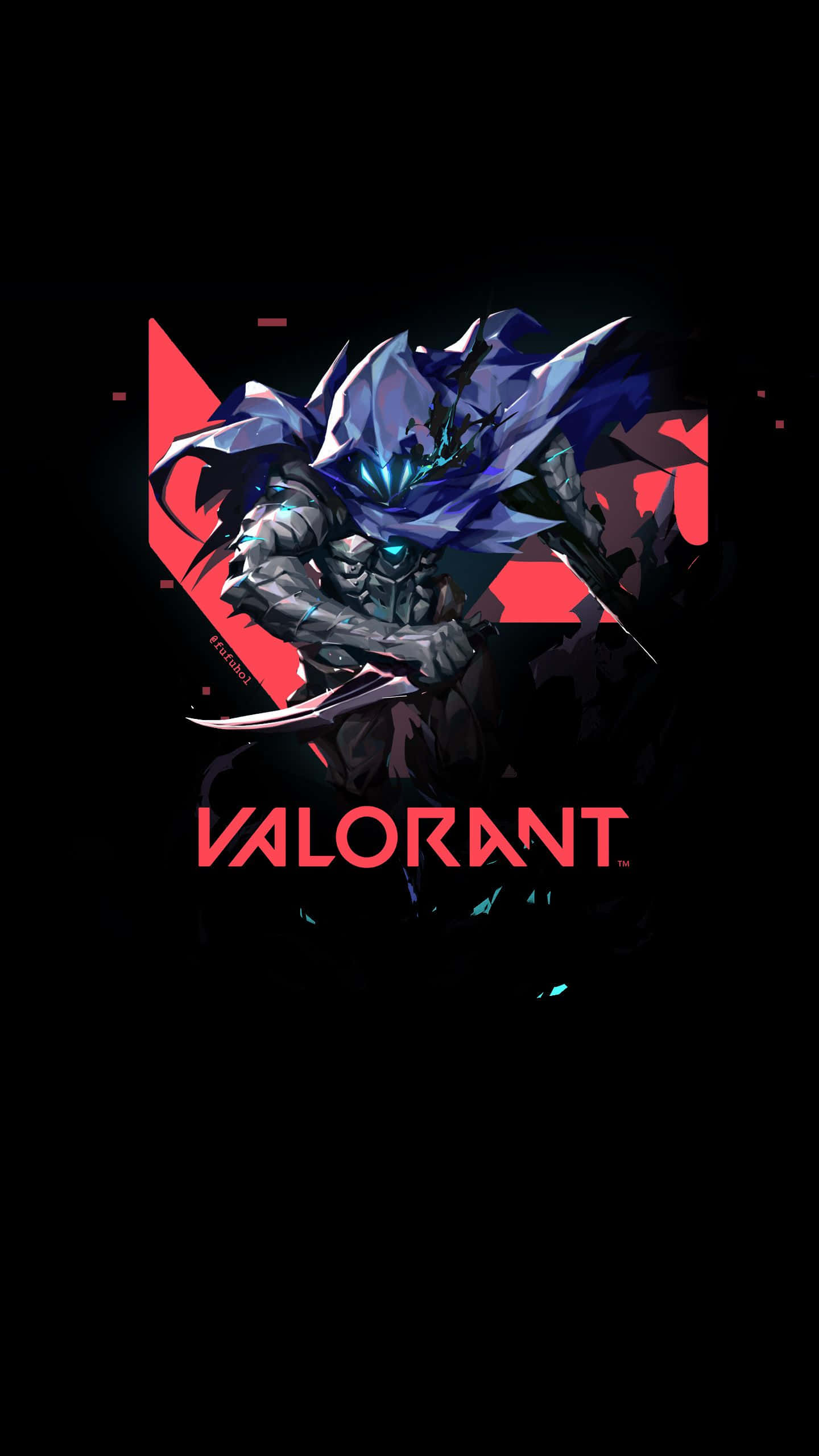 iPhone XS《Valorant》角色 Omen 背景 壁紙 — 一個黑暗奇幻戰士，擁有發光的藍色眼睛和飄逸的紫色斗篷，手持彎曲的刀刃，站在黑色背景上，帶有紅色幾何裝飾和VALORANT字樣。