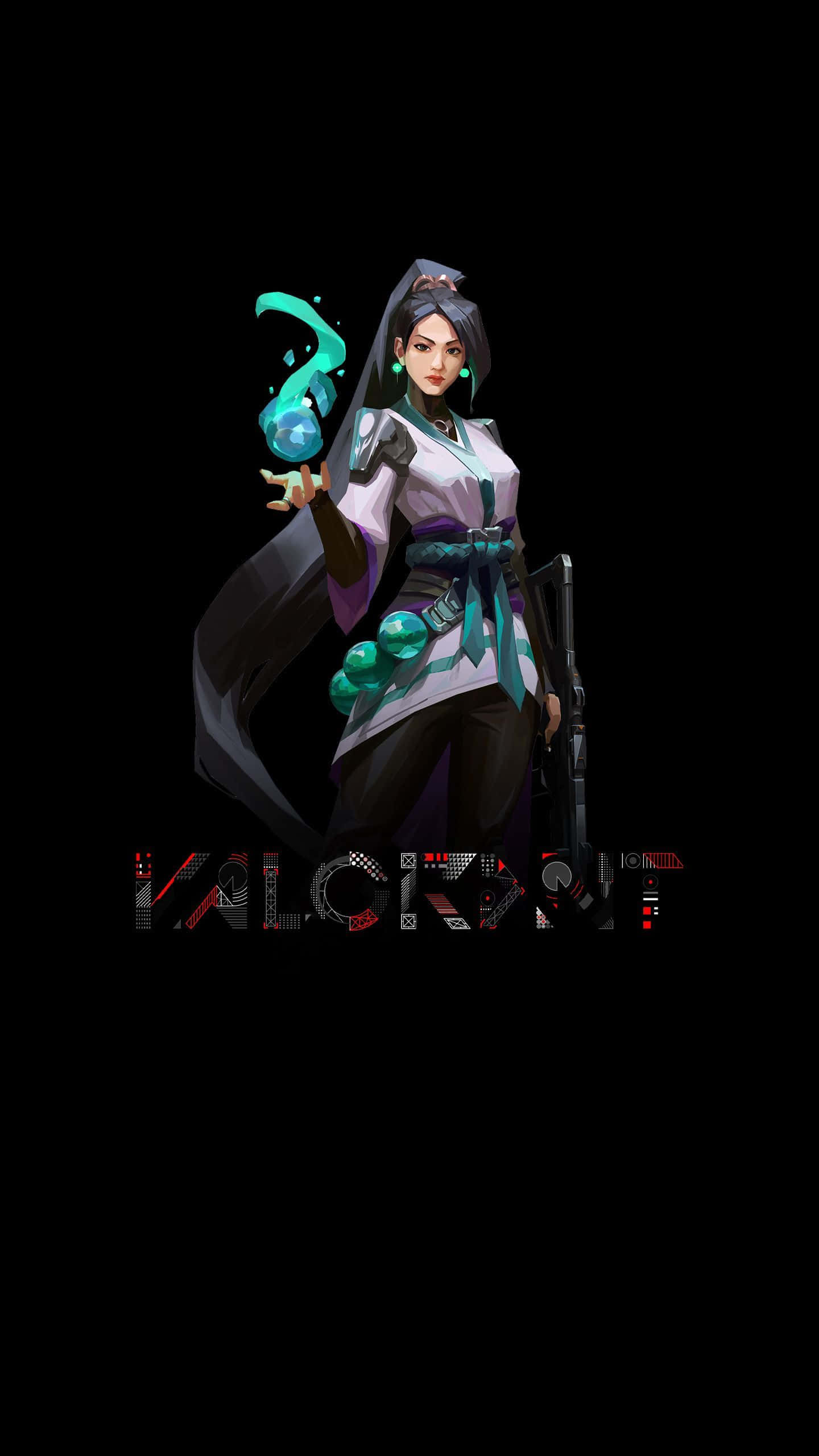 iPhone XS《Valorant》黑色 Sage 數位插畫 壁紙 — 一個數碼藝術角色，深色頭髮，一顆青綠色發光球體從她手中漂浮在黑色背景上。