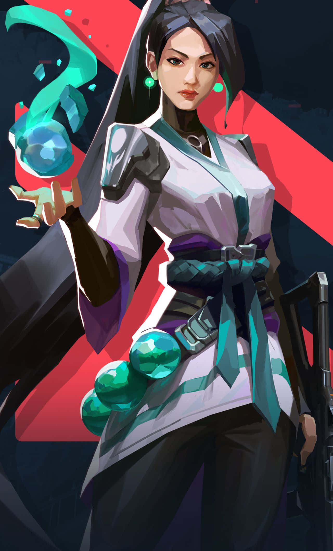 iPhone XS《Valorant》角色 Sage 數位插畫背景 壁紙 — 一個風格化的動漫女戰士穿著白色和紫色的盔甲，在鮮明的紅黑背景下手持發光的青綠色球體。