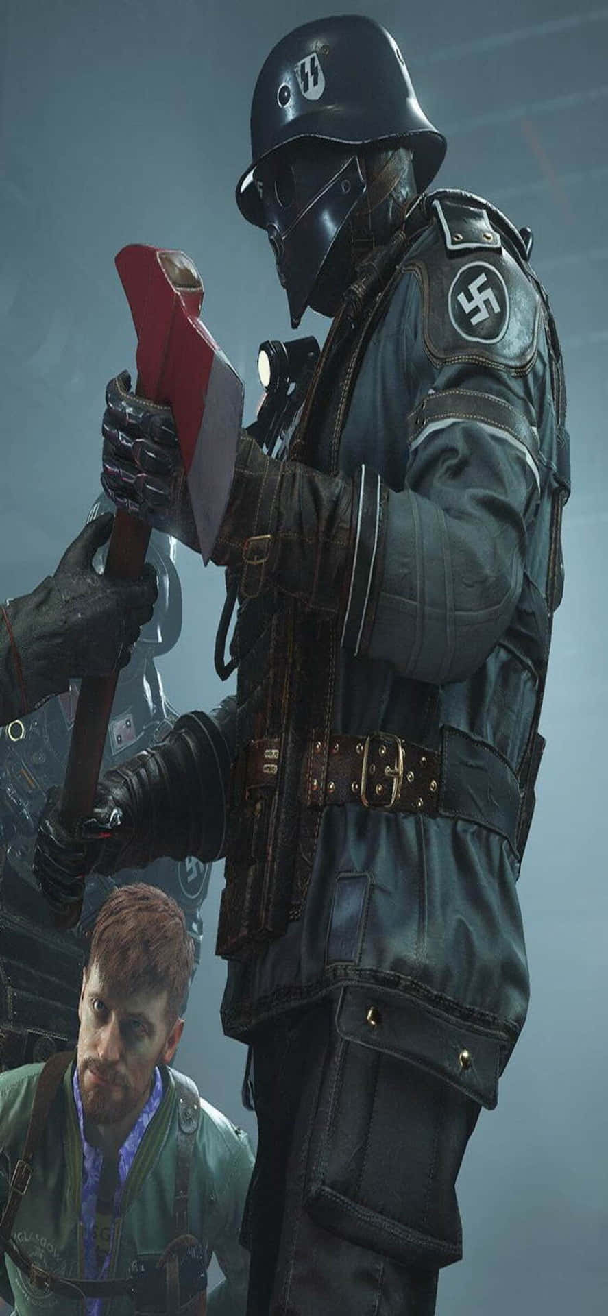 持斧士兵威脅身穿深色軍服的蜷縮男子