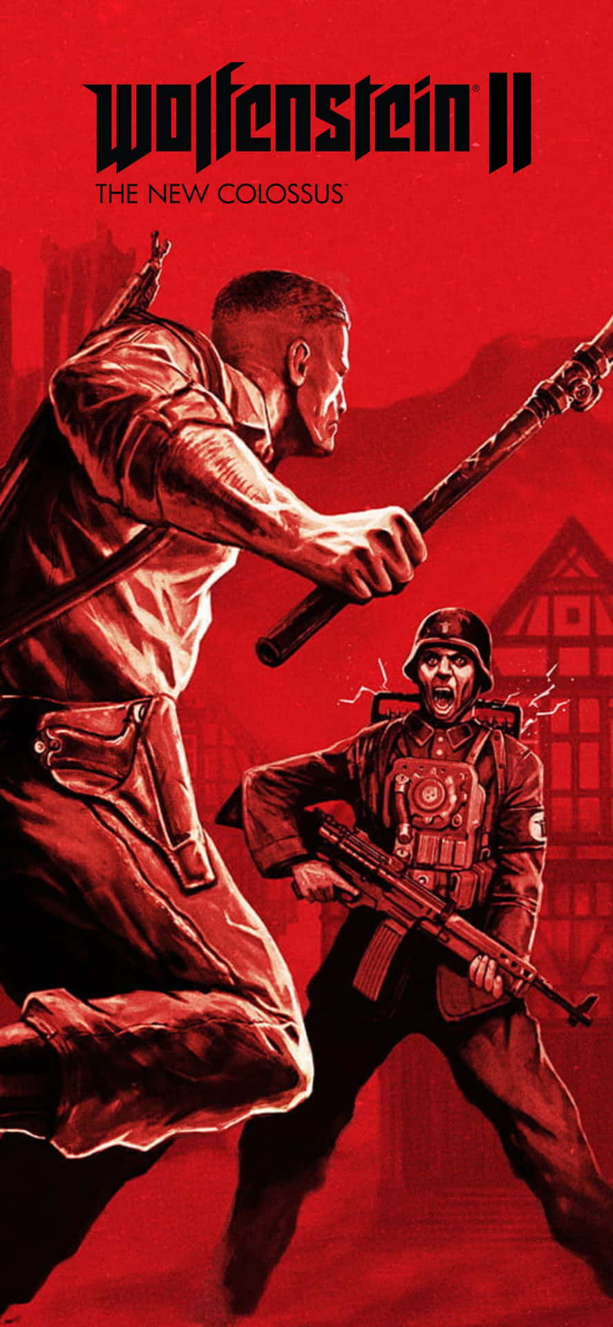 一名士兵在紅色色調的戰鬥場景中向納粹士兵揮舞球棒。