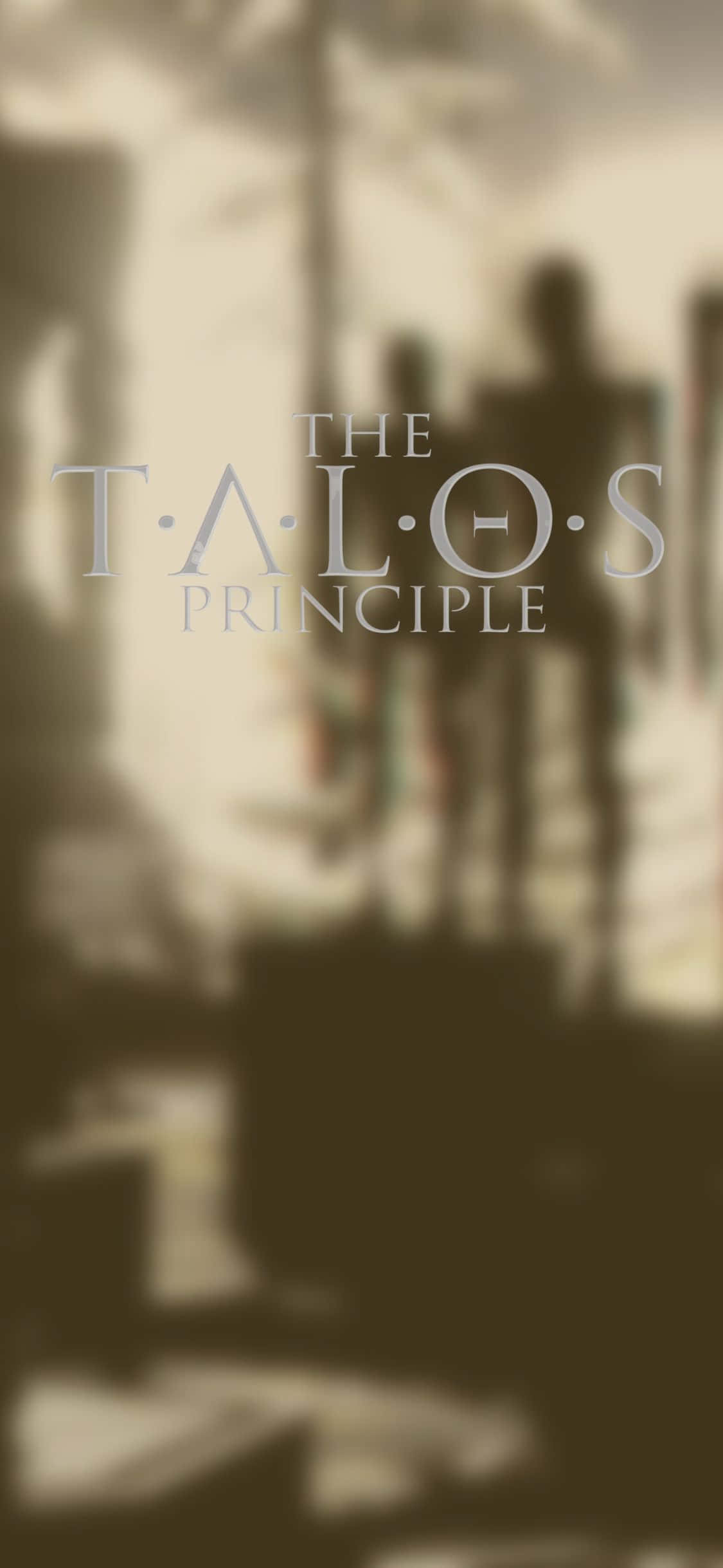 iPhone XS 上暢玩《The Talos Principle》——隨時隨地享受無與倫比的冒險 壁紙 — The Talos Principle 嘅模糊懷舊色調背景，發光標題文字後面有剪影人物。