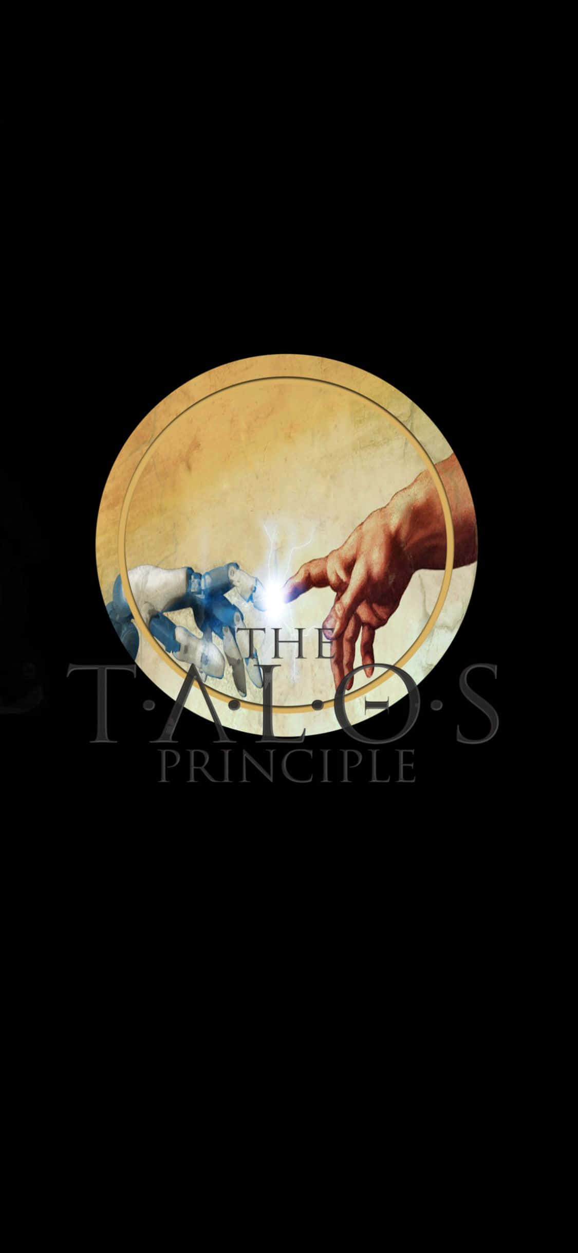 iPhone XS 上的《The Talos Principle》 壁紙 — 圓形藝術品描繪了一隻人類的手伸向一隻發出光芒的機械手，背景為黑色，並帶有遊戲標題文字。