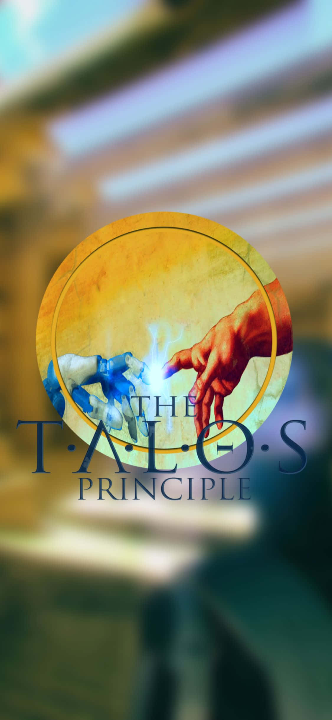 iPhone Xs 上的冒險即將展開——《The Talos Principle》 壁紙 — The Talos Principle 的圓形標誌，展示一隻人類的手伸向一隻發出藍光的機械手，背景為溫暖的漸變色。