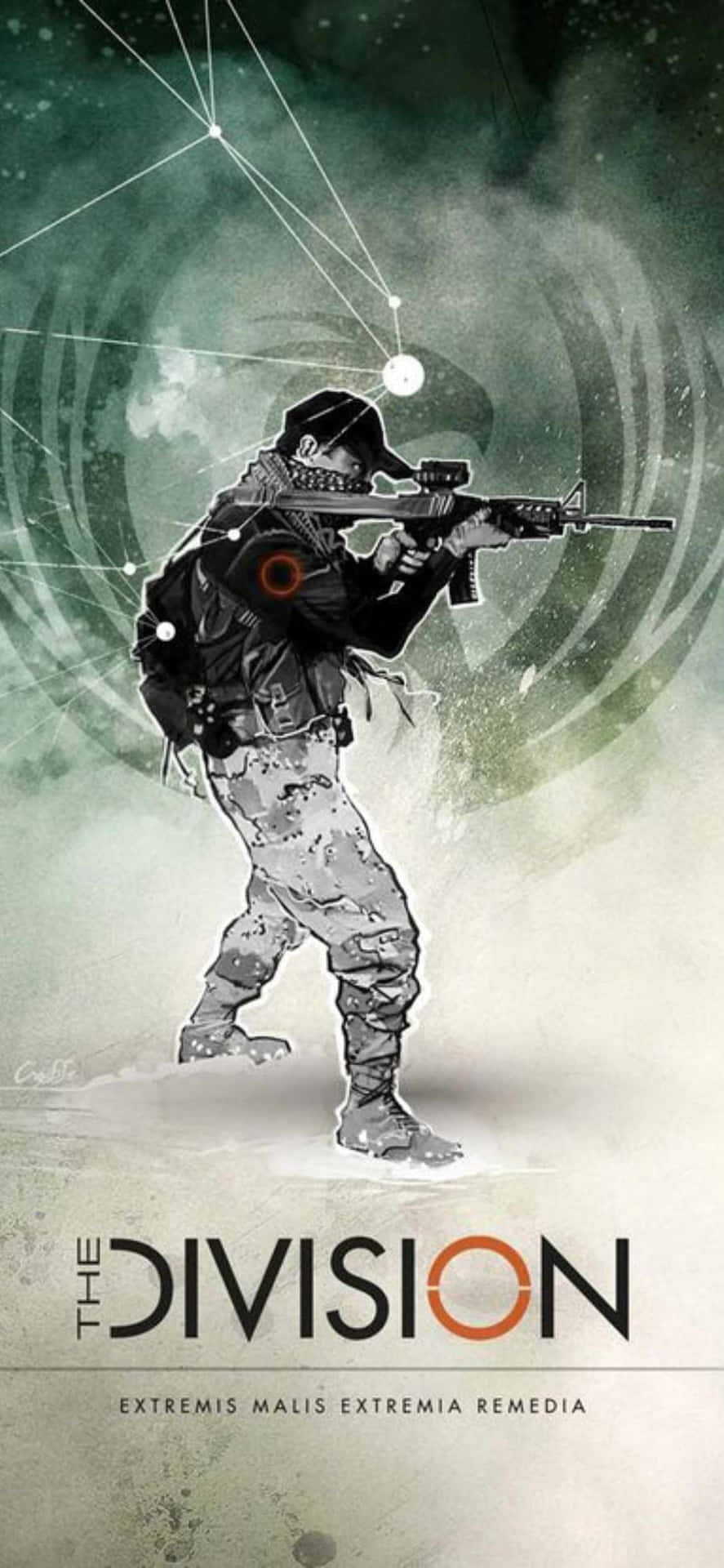 一名身穿戰鬥裝備的士兵在數位抽象環境中瞄準步槍。