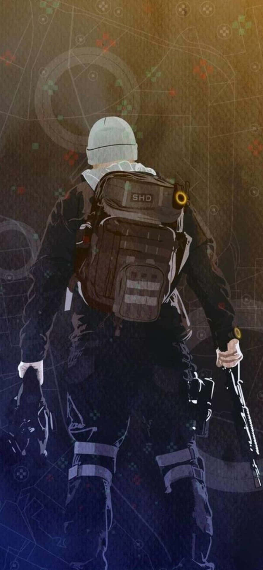 一名身穿深色裝備的士兵手持步槍走開，背後有發光的圖案。