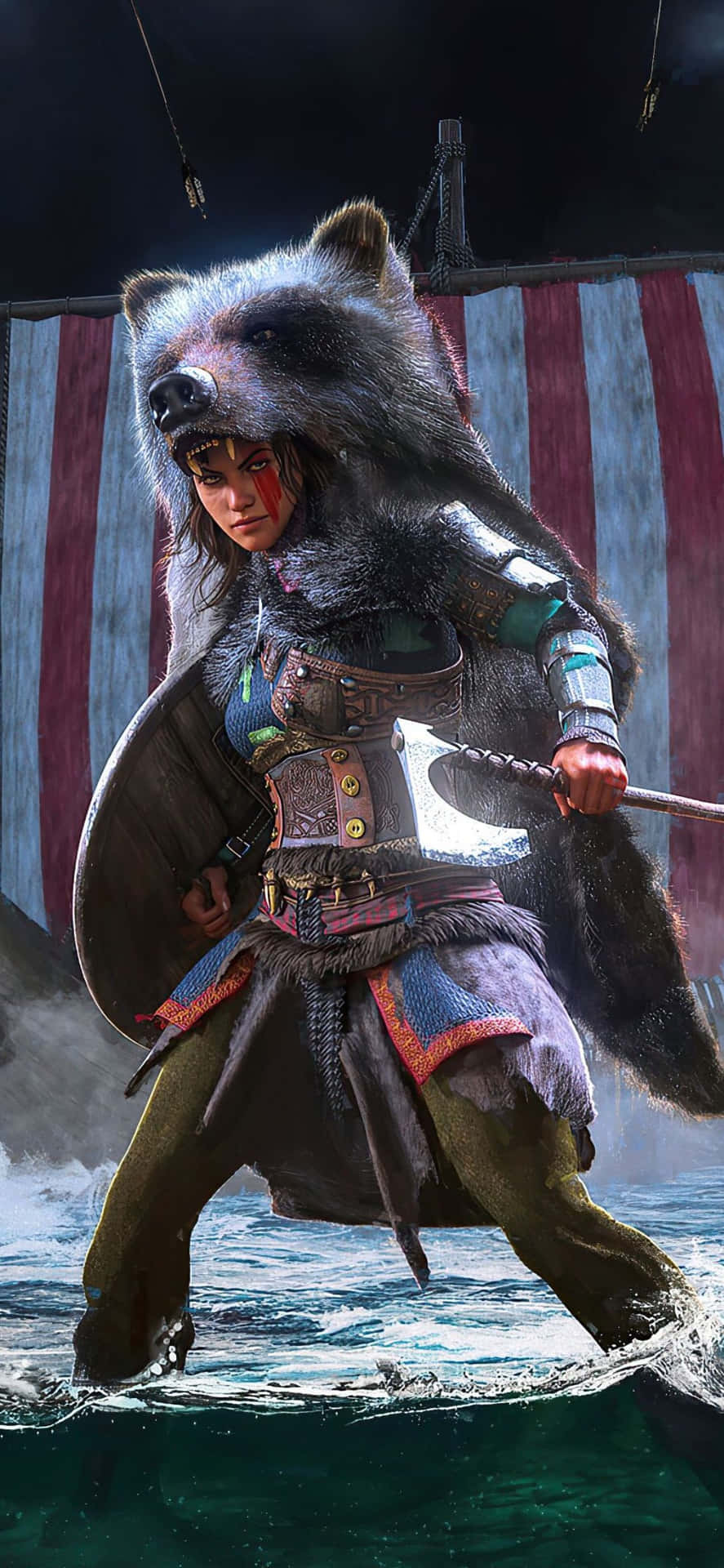 維京戰士戴著熊頭盔，手持斧頭和盾牌在海洋中涉水。