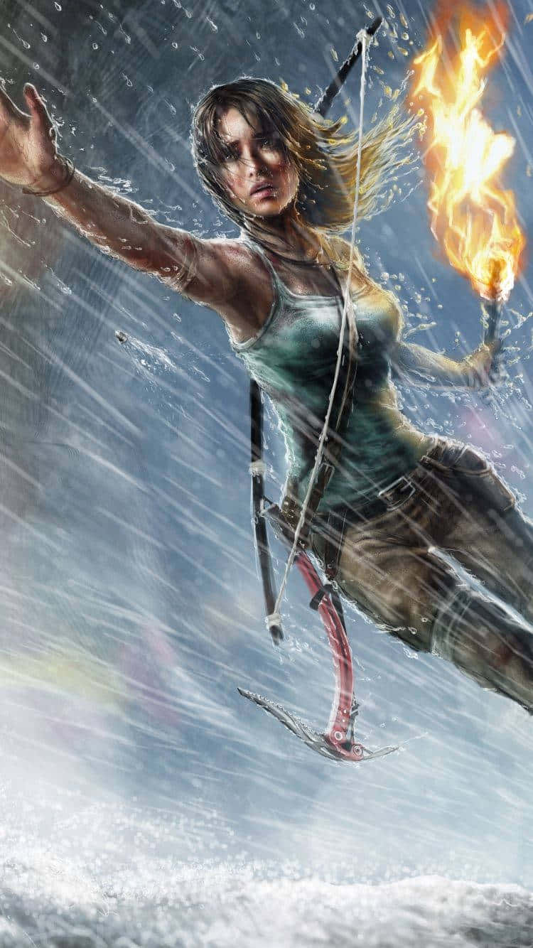 一位女士在暴風雨中搖盪，手持燃燒的火把和弓。