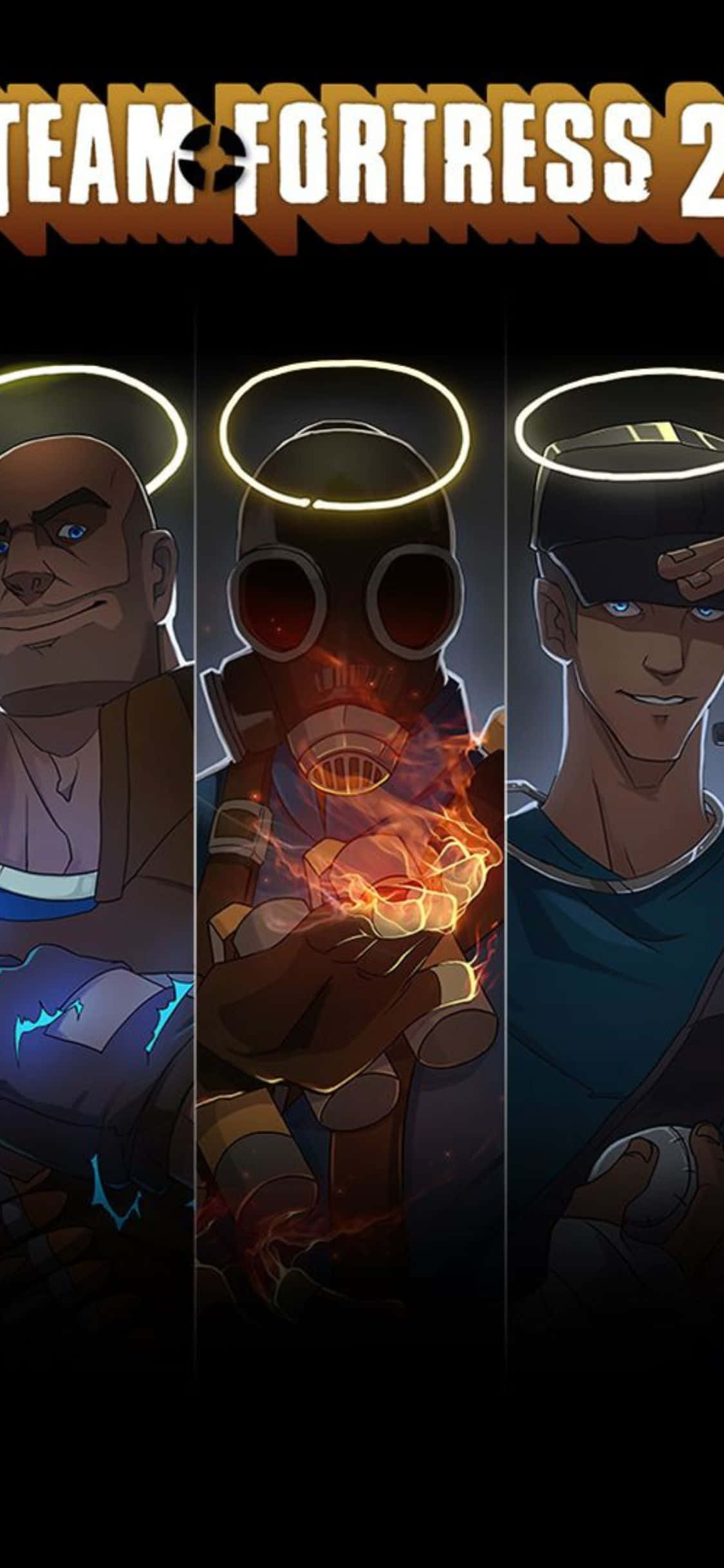 iPhone XS《團隊突擊2》角色集錦背景藝術 壁紙 — 三個帶有光環的 Team Fortress 2 角色在黑暗背景下散發出火焰和電能的光芒。