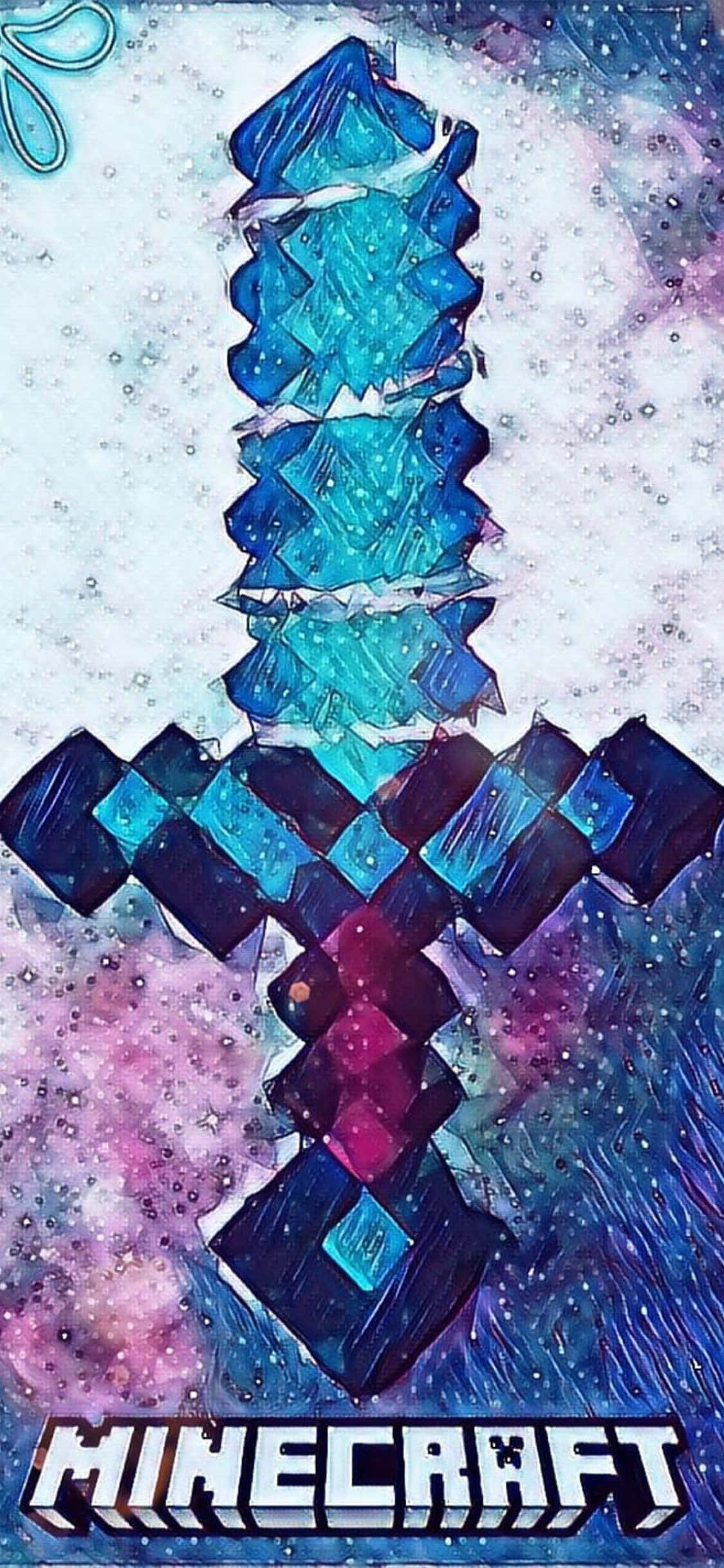 iPhone Xs 屏幕上的粉紅與綠色 Minecraft 世界 壁紙 — 一把像素化的鑽石劍在宇宙星空背景下發出藍色和紫色的光芒。