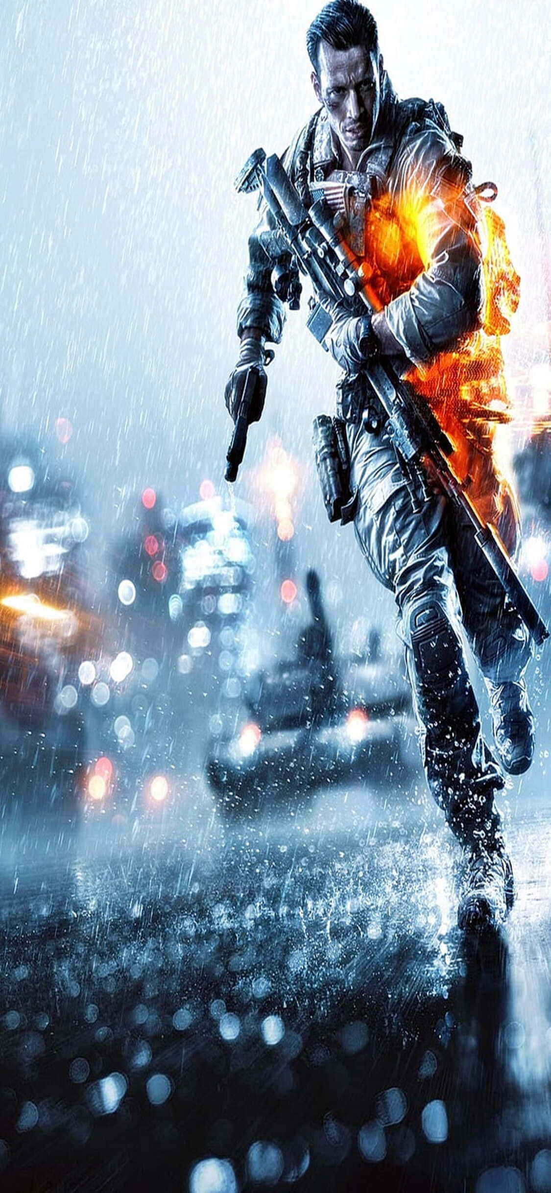 iPhone Xs《戰地4》奔跑士兵背景 壁紙 — 一名士兵在濕透的街道上奔跑，背著燃燒的背包，手持發光的武器。