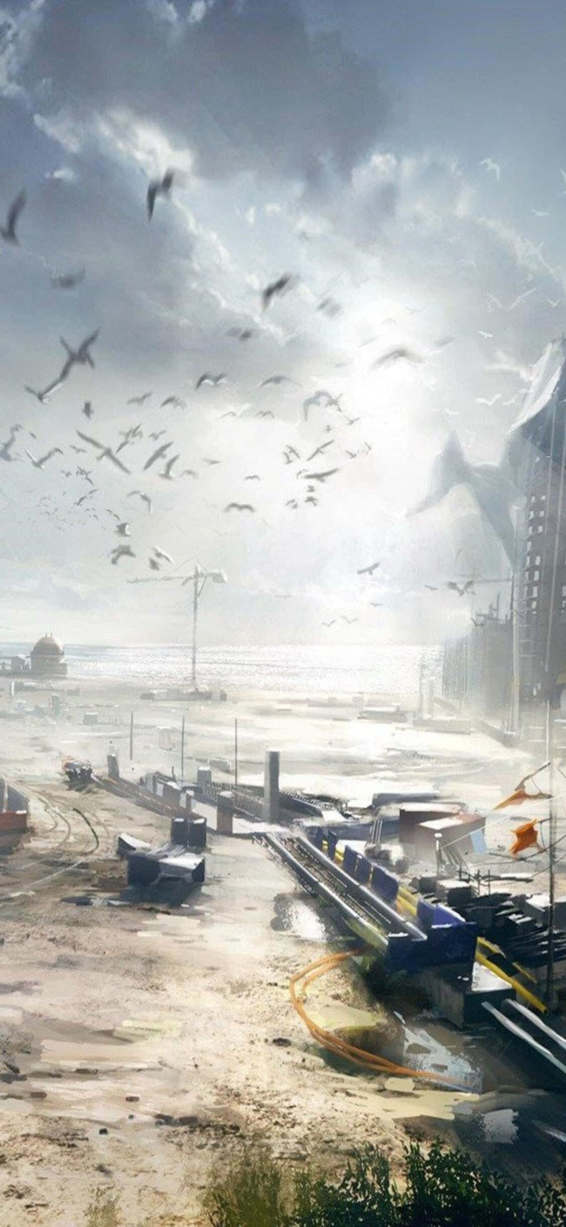 iPhone Xs《戰地4》飛鳥天空背景 壁紙 — 荒涼嘅沿海工業區，陰天之下有雀仔飛過廢棄建築物同水面。