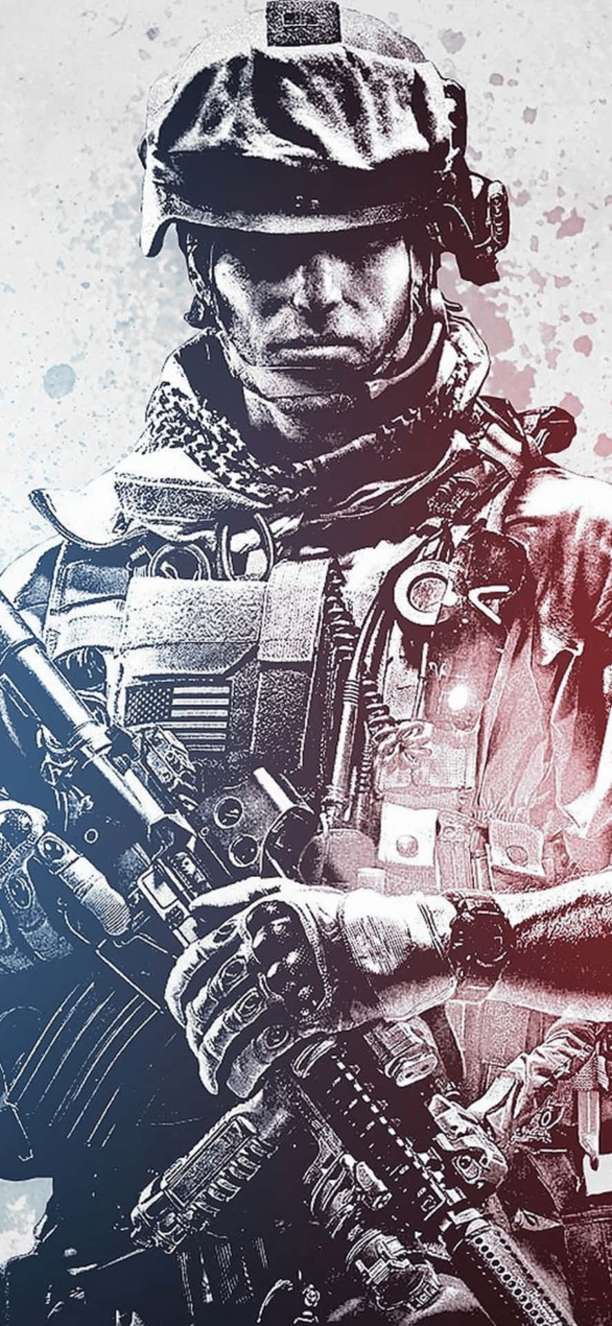 一個全副武裝的士兵表情嚴肅地握著步槍。