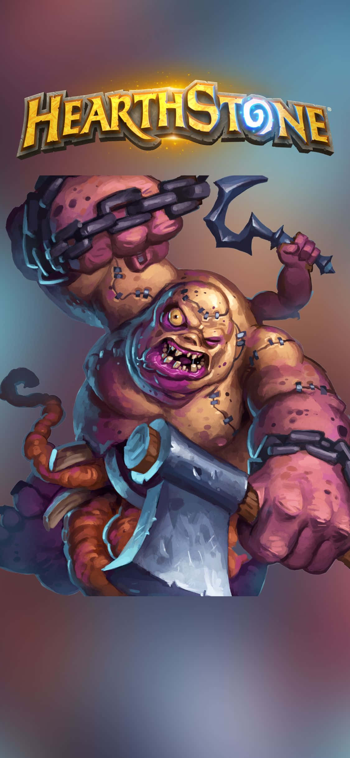 iPhone XS 放置於《爐石戰記》Brightwing-Illidan 皮膚上 壁紙 — 一個帶鎖鏈和砍刀的兇猛卡通獸人在發光的爐石戰記標誌下咆哮。