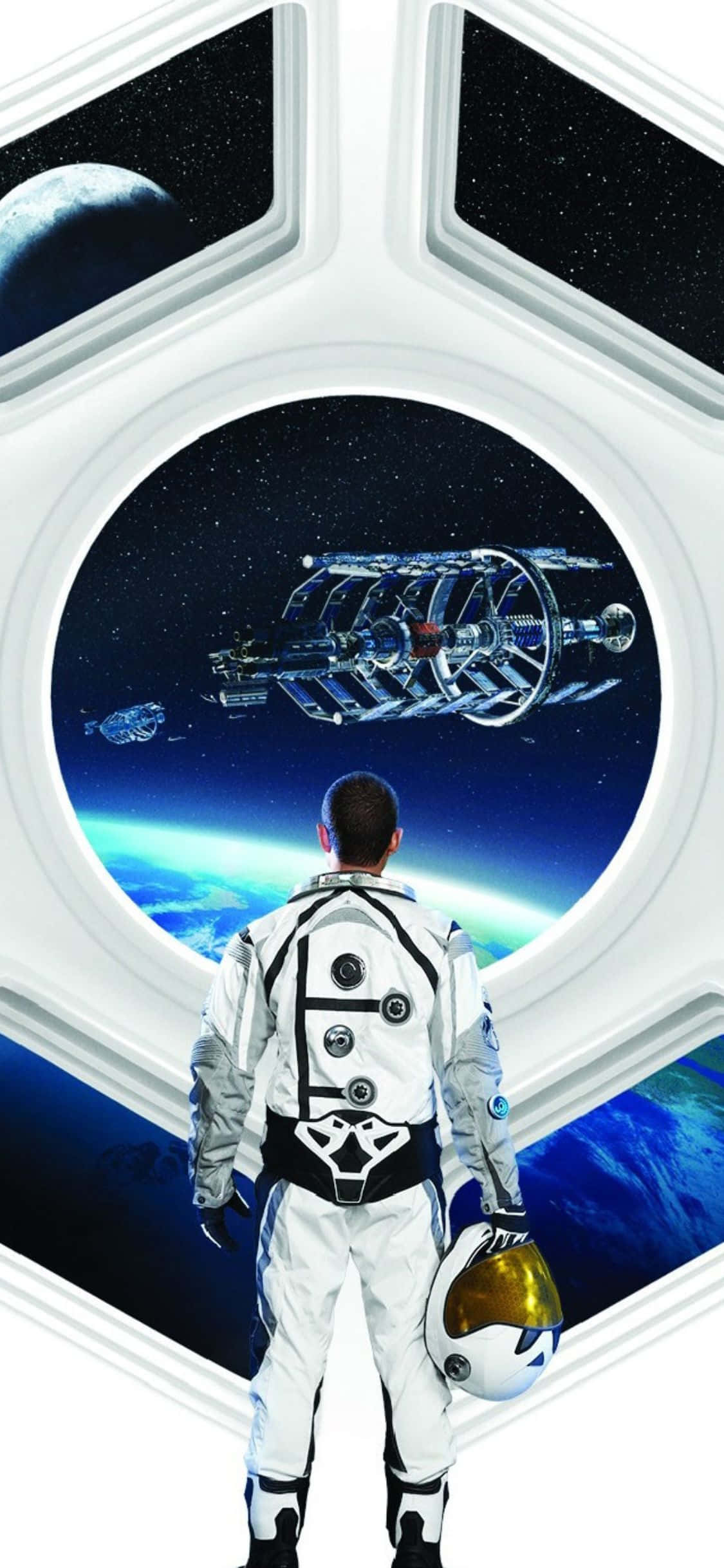 iPhone XS《文明：太空》太空宇航員背景 壁紙 — 身穿白色太空衣的太空人從太空船窗戶凝視著在繁星背景下繞地球軌道運行的遙遠太空站。